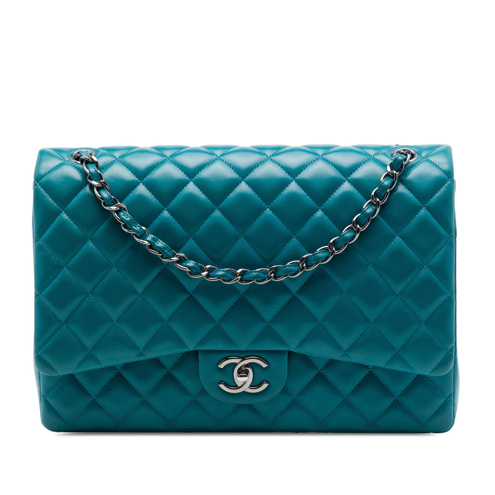 Chanel Maxi Classic Double Flap Blue Lambskin Shoulder Bag: Chanel Maxi Classic Double Flap Blue Lambskin Shoulder Bag Chanel Maxi Classic Lambskin Double Flap shoulder bag in blue quilted lambskin leather. This bag features leather-woven chain straps, double 