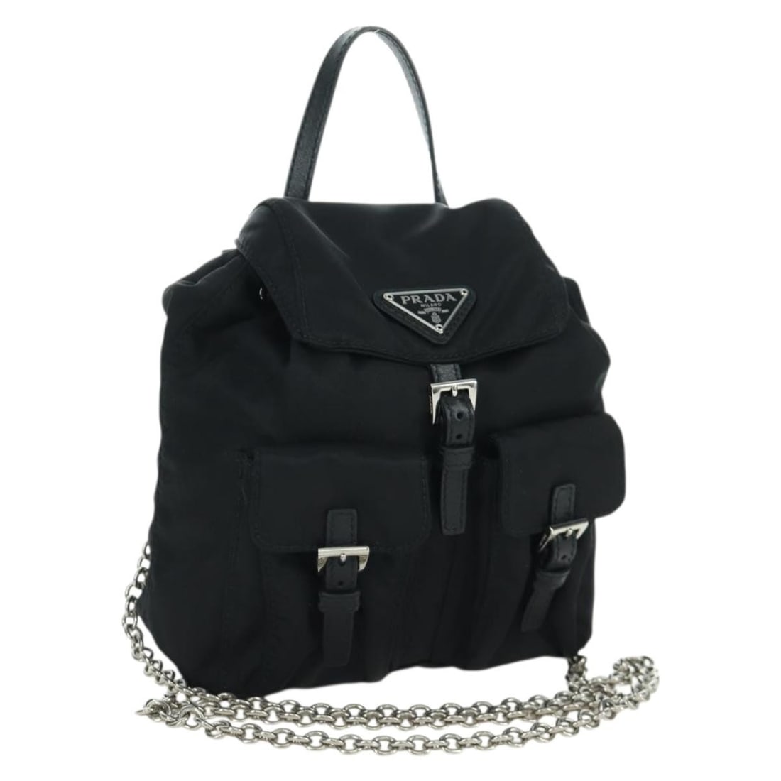 PRADA black nylon shoulder bag with silver chain strap: PRADA black nylon shoulder bag with silver chain strap Compact Prada shoulder bag crafted in black nylon with silver-tone accents. This women's bag features a chain shoulder strap and a clean, structu