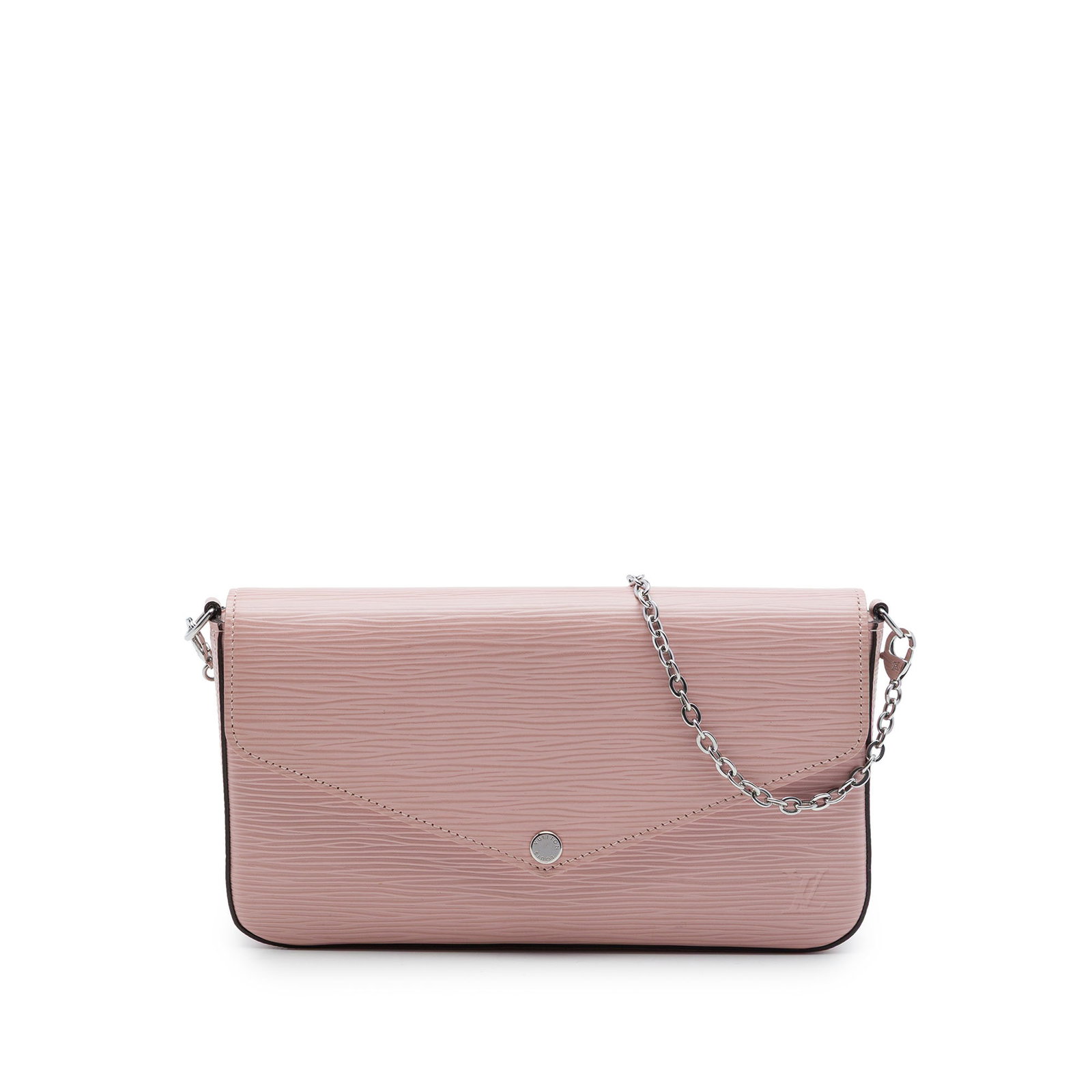 Louis Vuitton Epi Pochette Felicie Pink Leather Chain Shoulder Bag: Louis Vuitton Epi Pochette Felicie Pink Leather Chain Shoulder Bag Louis Vuitton Epi Pochette Felicie in pink leather with a detachable chain link strap and flap snap closure. The bag includes a zip p