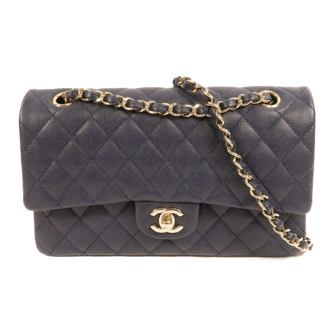 CHANEL Classic 25 A01112 Chain Shoulder Bag Navy Calfskin SHW: CHANEL Classic 25 A01112 Chain Shoulder Bag Navy Calfskin SHW Classic CHANEL CC SHW Classic 25 Chain Shoulder Bag in navy calfskin leather. This shoulder bag features a turn lock closure, one outside 