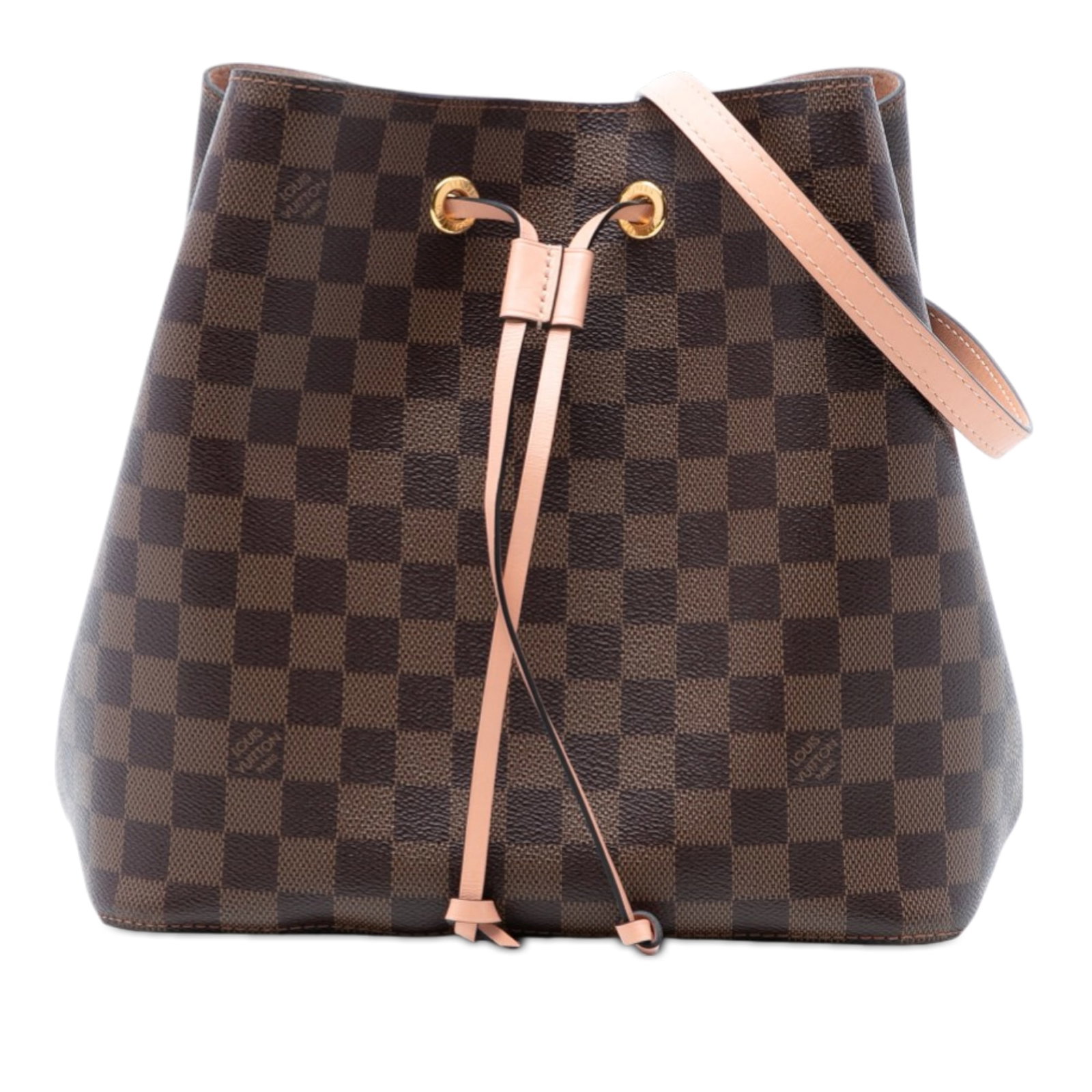 Louis Vuitton NeoNoe MM Damier Ebene Canvas Shoulder Bag: Louis Vuitton NeoNoe MM Damier Ebene Canvas Shoulder Bag The Louis Vuitton Damier Ebene NeoNoe MM features a brown Damier Ebene canvas body, a flat leather strap, a drawstring closure, and an interior