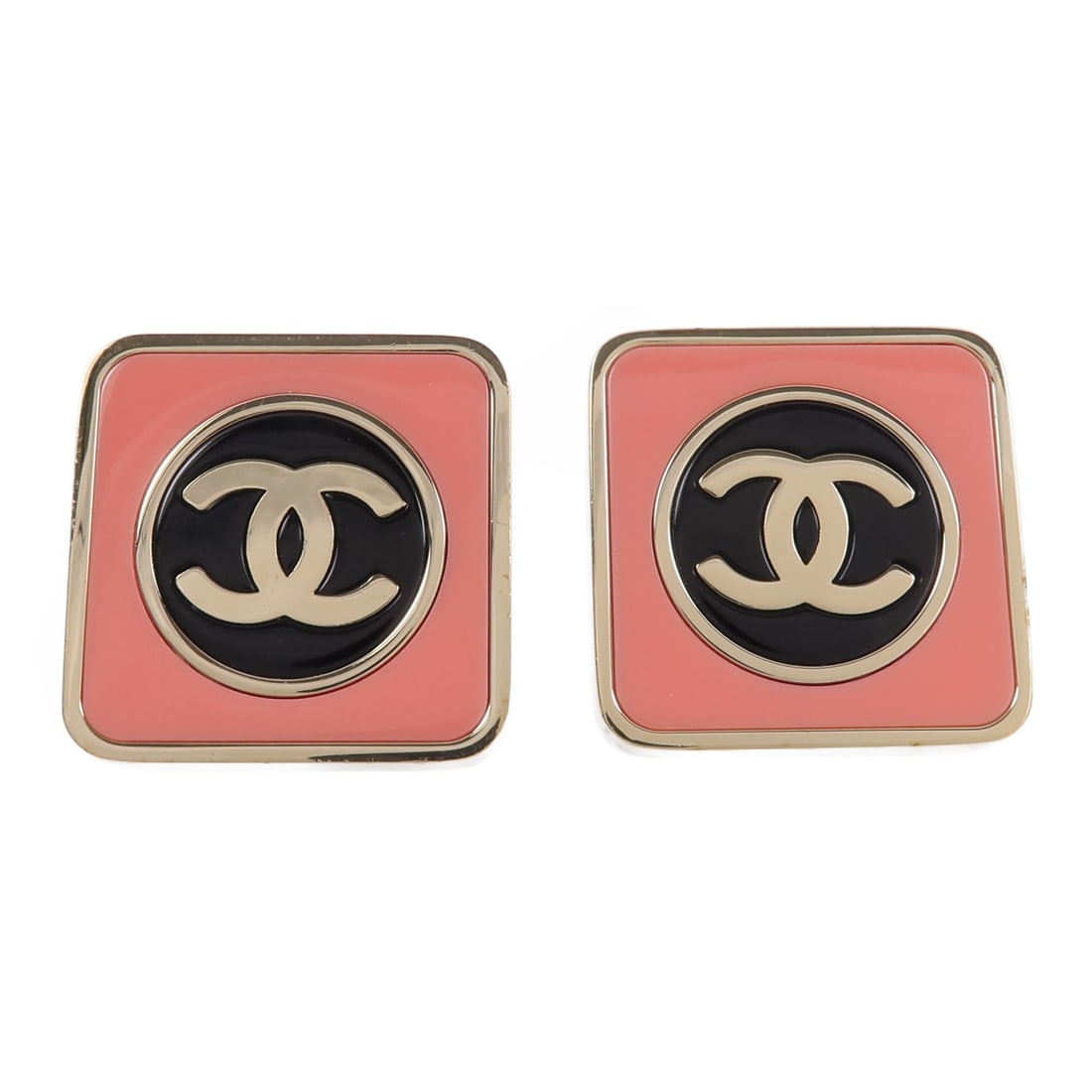 CHANEL Coco Mark Pink Black Enamel Square Stud Earrings: CHANEL Coco Mark Pink Black Enamel Square Stud Earrings Square CHANEL CC Coco Mark stud earrings in pink and black enamel with metal construction. Designed as pierced earrings for women, this pair is 