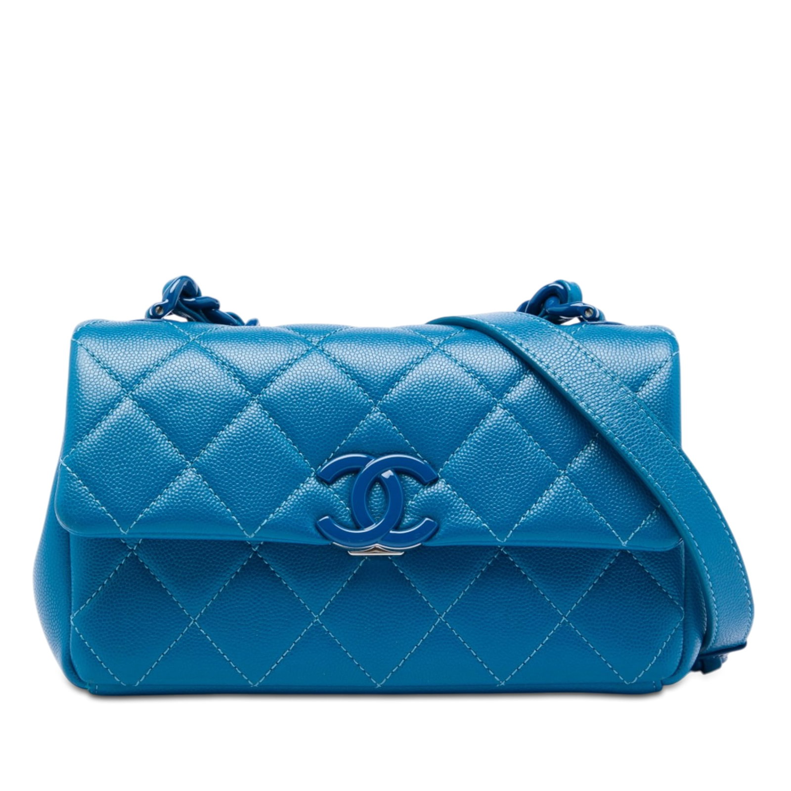 Chanel My Everything Flap Small Blue Quilted Caviar Crossbody Bag: Chanel My Everything Flap Small Blue Quilted Caviar Crossbody Bag Chanel Small Quilted Caviar My Everything Flap crossbody bag in blue quilted caviar leather. It features a leather-woven chain link st