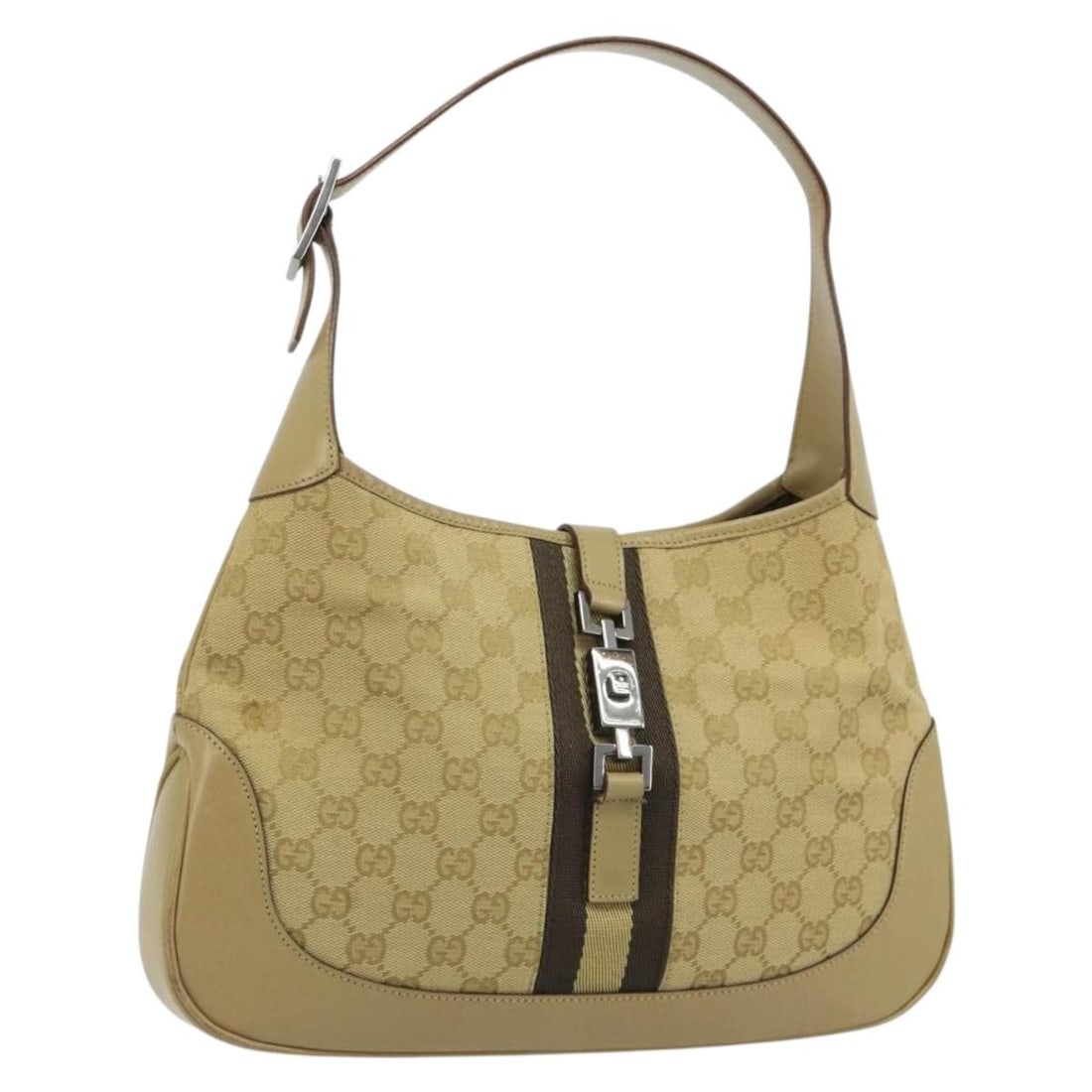 Gucci Jackie Sherry Line GG Canvas Shoulder Bag Beige Silver 00963: Gucci Jackie Sherry Line GG Canvas Shoulder Bag Beige Silver 00963 Gucci Jackie Sherry Line shoulder bag in beige and silver GG canvas. This women's shoulder bag includes a dust bag and is made in Ita