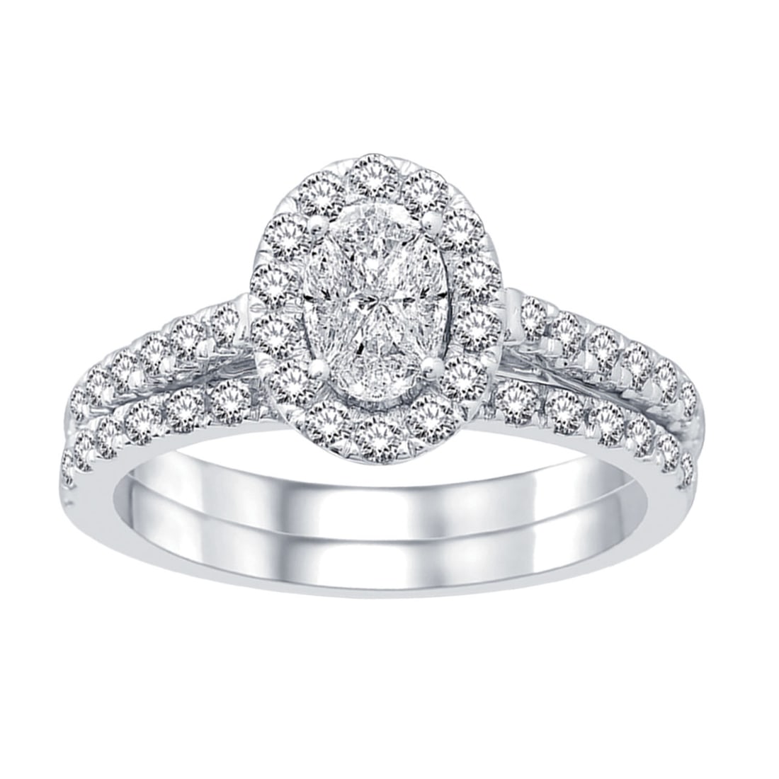 Lovecuts 14K White Gold 1 1/2 Ct.Tw. Diamond Bridal Ring: Lovecuts 14K White Gold 1 1/2 Ct.Tw. Diamond Bridal Ring This eye-catching Bridal ring is available in 14K White Gold. There are 49 round diamonds with a total carat weight of 1 1/2 Ct.Tw. set in a mi