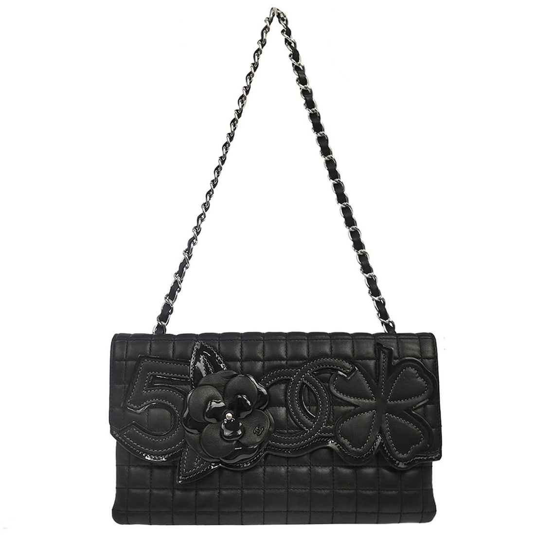 CHANEL Choco Bar Camellia No.5 CC Clover Lambskin Top Handle Bag: CHANEL Choco Bar Camellia No.5 CC Clover Lambskin Top Handle Bag Small Chanel top handle handbag in black lambskin leather with Choco Bar, Camellia, No.5, CC, and clover design details. It features a 