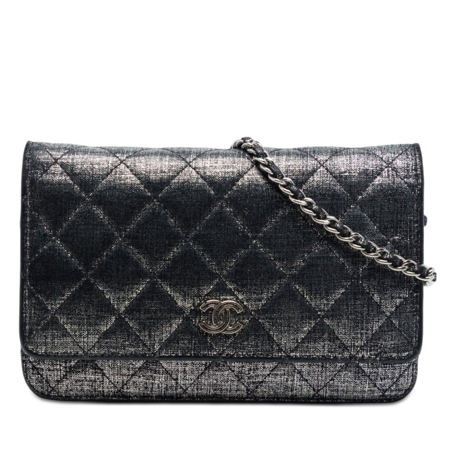 Chanel CC Metallic Quilted Fabric WOC Bag Gray: Chanel CC Metallic Quilted Fabric WOC Bag Gray Chanel CC Quilted Metallic Fabric Wallet On Chain in gray metallic fabric. This bag features a quilted exterior, a fabric-woven chain strap, a flap with 
