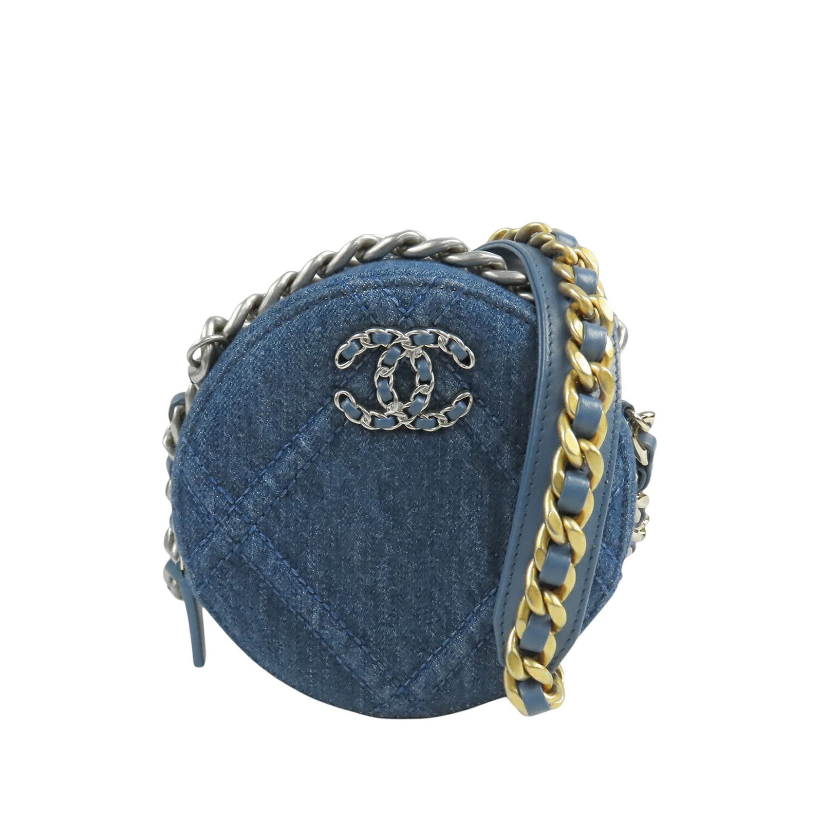 Chanel 19 Round Chain Clutch Blue Denim Bag: Chanel 19 Round Chain Clutch Blue Denim Bag Round Chanel clutch crafted in blue denim with a chain-link handle, a leather-woven chain strap with leather guard, a top zip closure, and an interior slip 