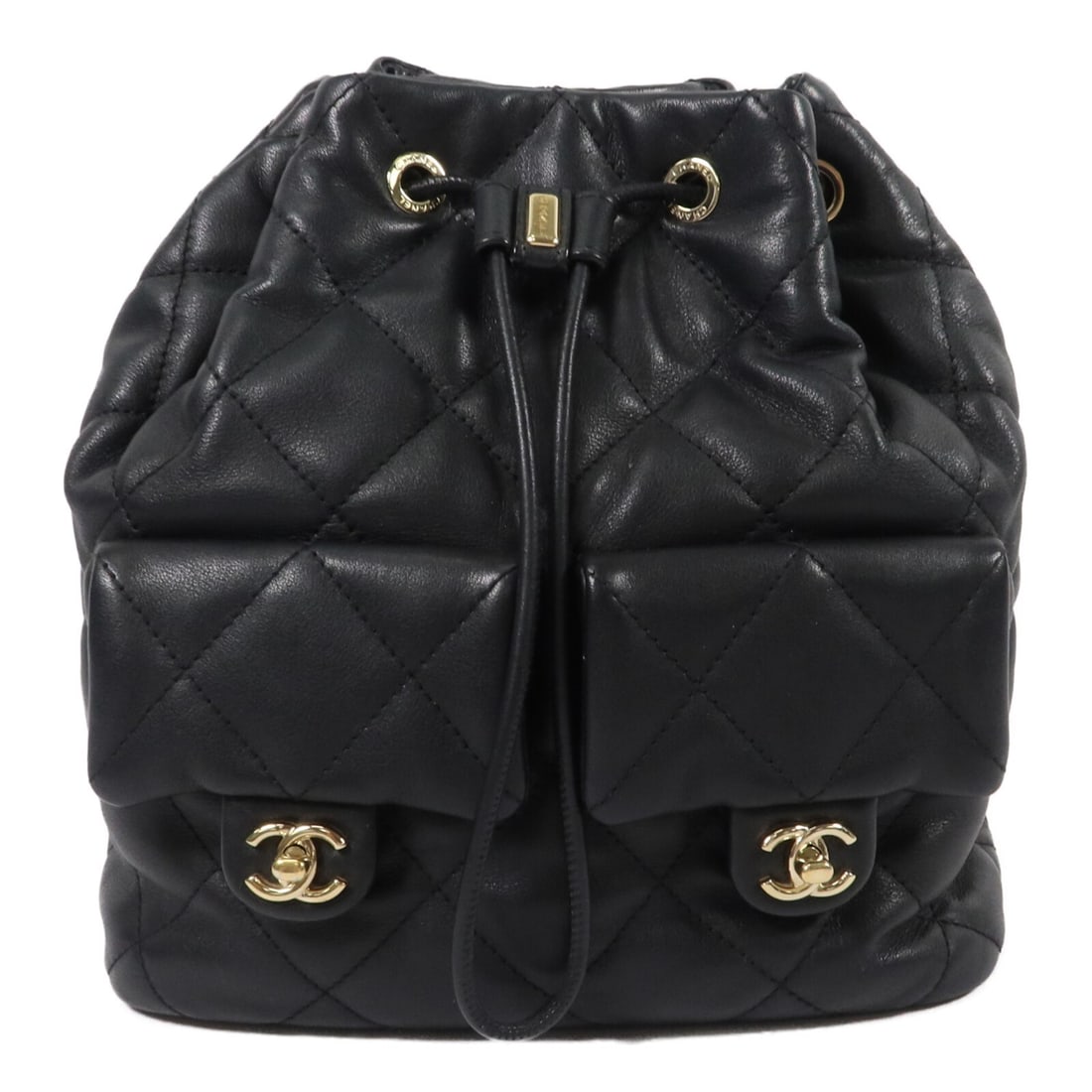 CHANEL AS4342 CC Lambskin Backpack Black GHW: CHANEL AS4342 CC Lambskin Backpack Black GHW Black lambskin rucksack backpack with CC GHW styling and a compact structured silhouette. The design features two exterior flap pockets, one interior open 