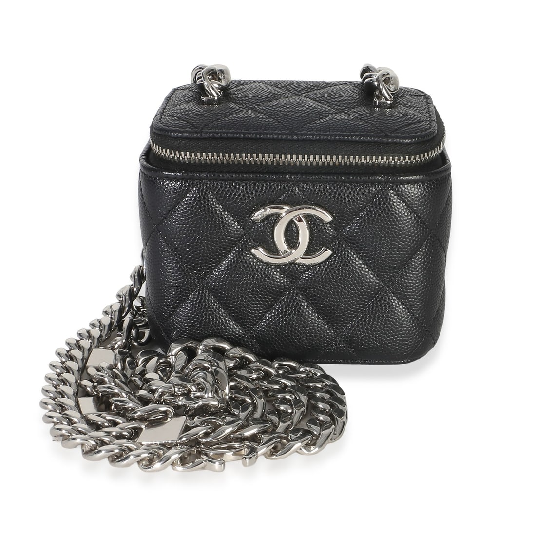 Chanel Coco Chain Mini Vanity Case Black Quilted Caviar Leather: Chanel Coco Chain Mini Vanity Case Black Quilted Caviar Leather Pre-owned Chanel Coco Chain Mini Vanity Case in black quilted caviar leather with a zip-around closure and silver-tone hardware. This co