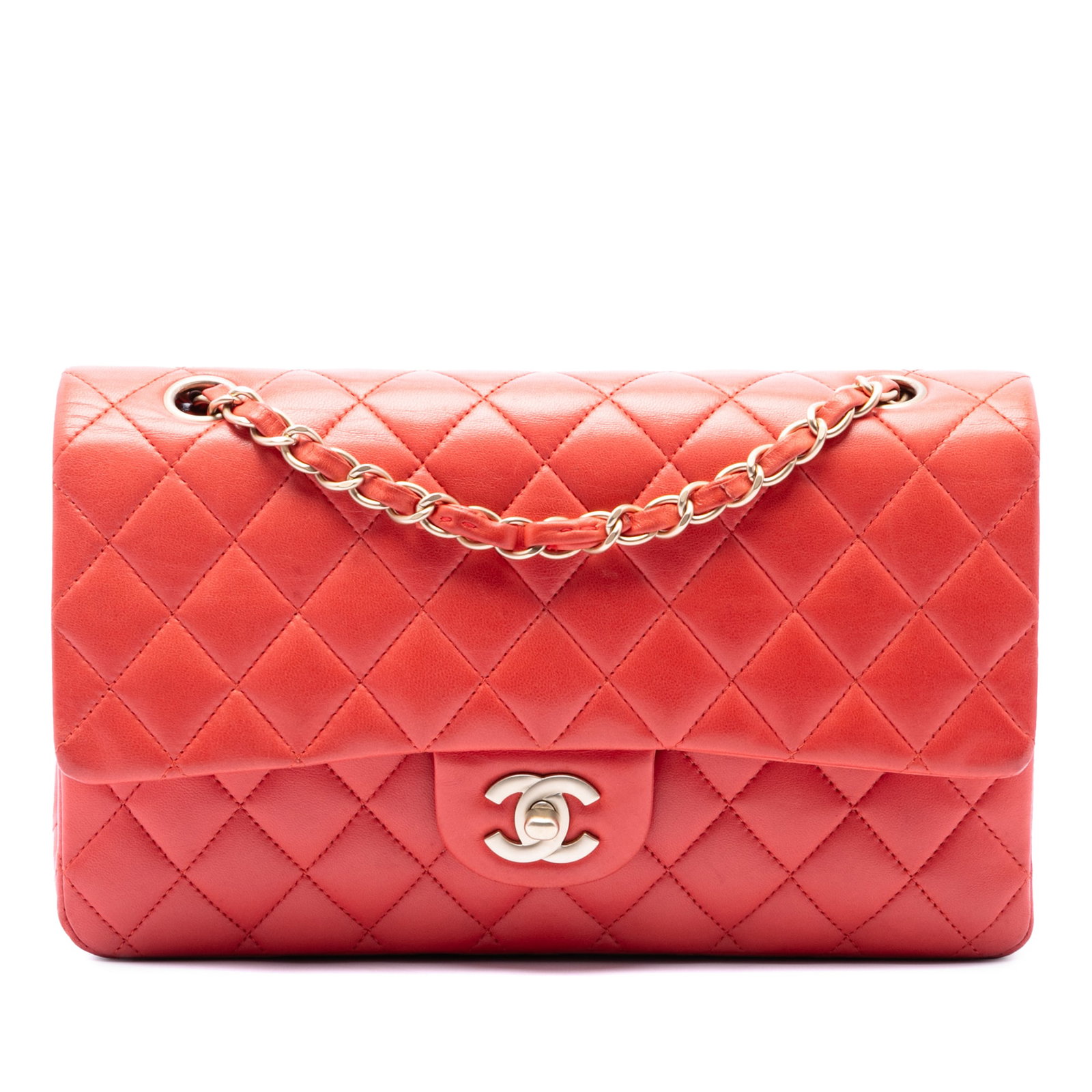 Chanel Medium Classic Double Flap Lambskin Shoulder Bag Orange: Chanel Medium Classic Double Flap Lambskin Shoulder Bag Orange A Chanel Medium Classic Lambskin Double Flap shoulder bag in orange, made in Italy. It features a quilted lambskin body, an exterior back