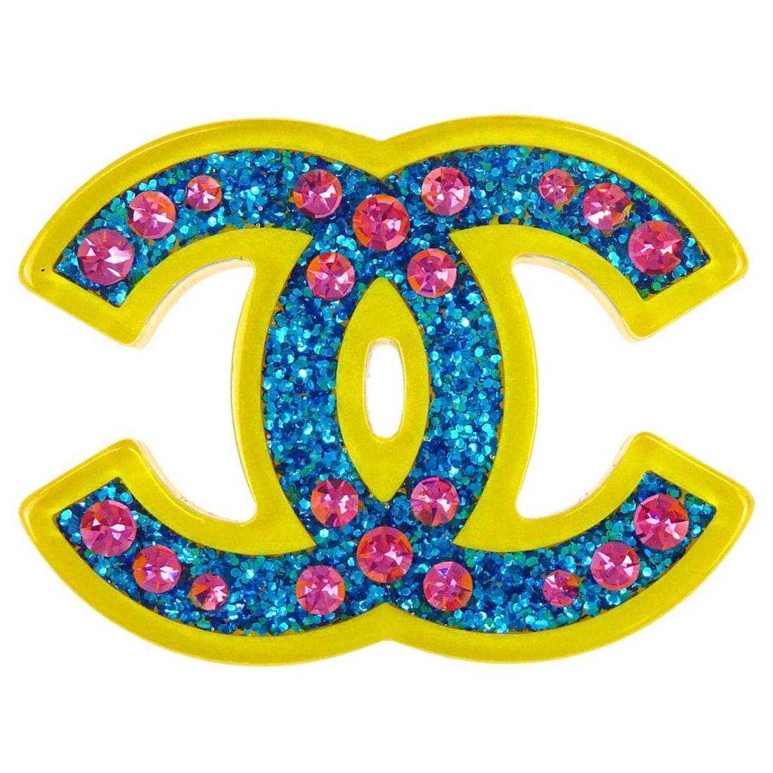 Chanel CC Acrylic Brooch Gold Plated Yellow Blue Glitter: Chanel CC Acrylic Brooch Gold Plated Yellow Blue Glitter Chanel CC brooch pin featuring an acrylic design with glitter accents. Made in France, this piece comes with its box and is noted in excellent 