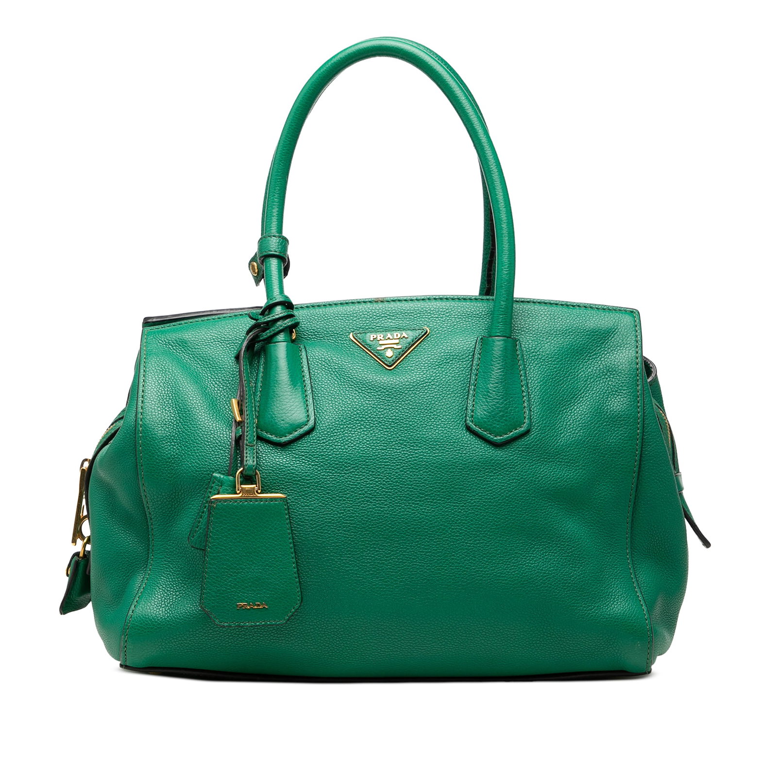 Prada Vitello Daino Leather Tote Bag Green: Prada Vitello Daino Leather Tote Bag Green Prada Vitello Daino tote bag in green leather with rolled handles, a top zip closure, and interior zip and slip pockets. Condition is B+ with visible wear an