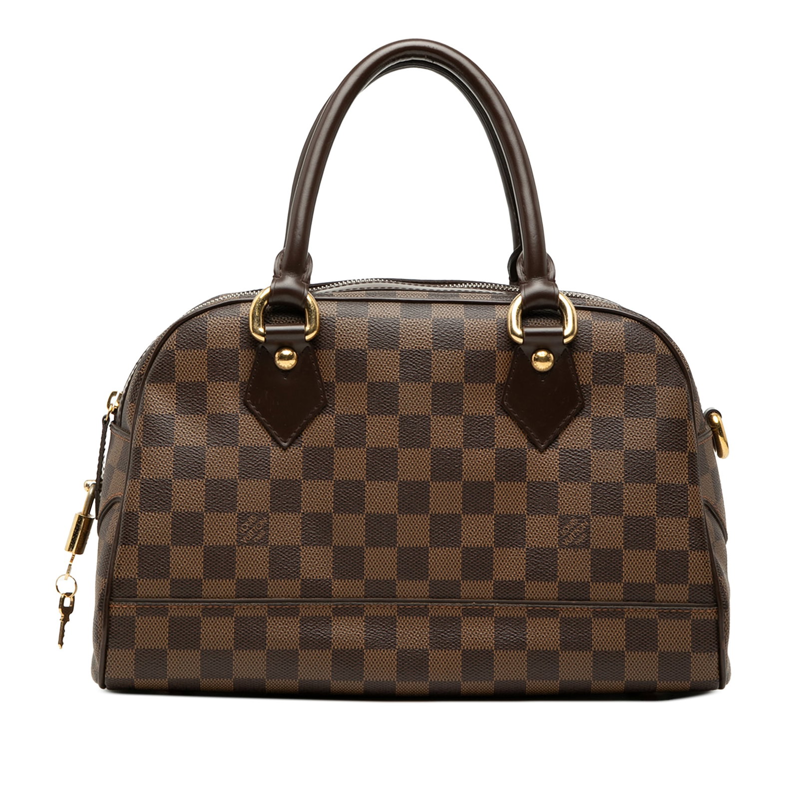 Louis Vuitton Duomo Brown Damier Ebene Handbag: Louis Vuitton Duomo Brown Damier Ebene Handbag Louis Vuitton Damier Ebene Duomo handbag with a damier ebene canvas body, leather trim, rolled leather handles, clochette, top zip closure, and interior 