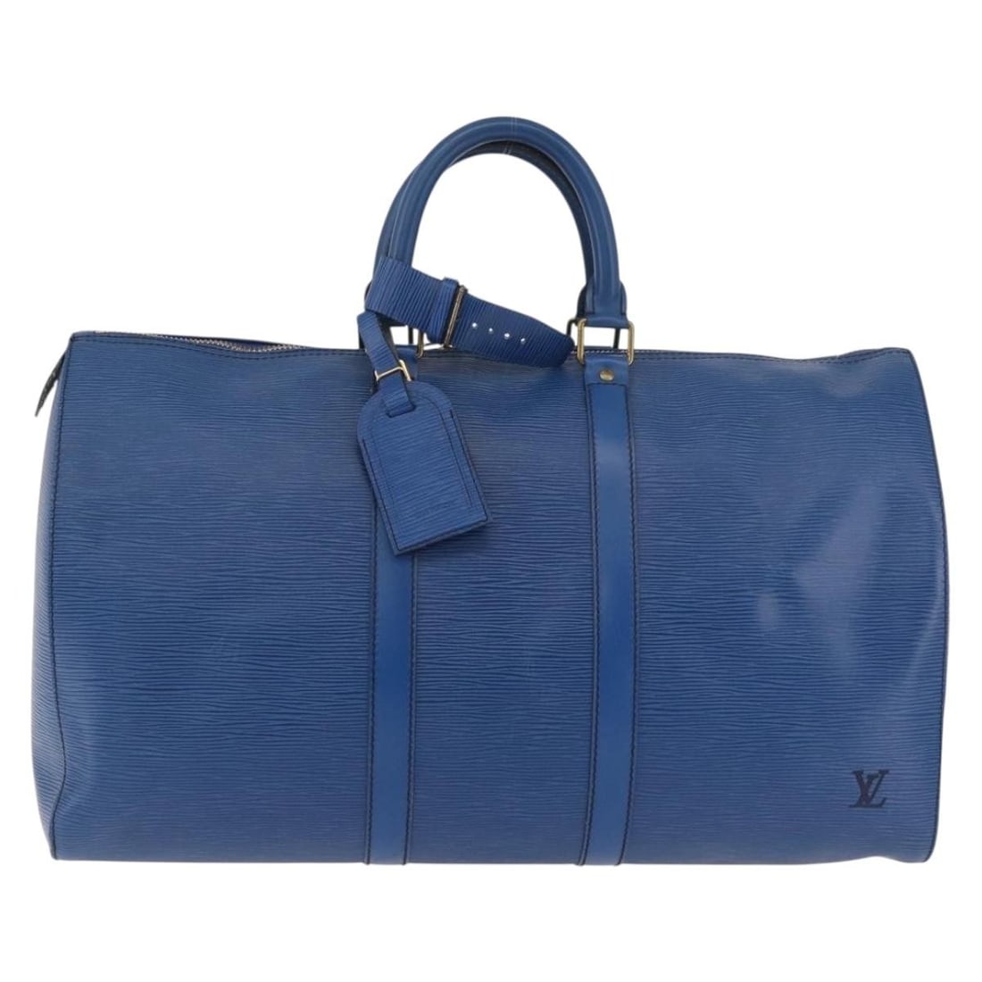 Louis Vuitton Keepall Blue Epi Leather Travel Bag: Louis Vuitton Keepall Blue Epi Leather Travel Bag Louis Vuitton Keepall in blue leather with a unisex design. Made in France, this bag is in good condition with visible wear, including loss of shape, 