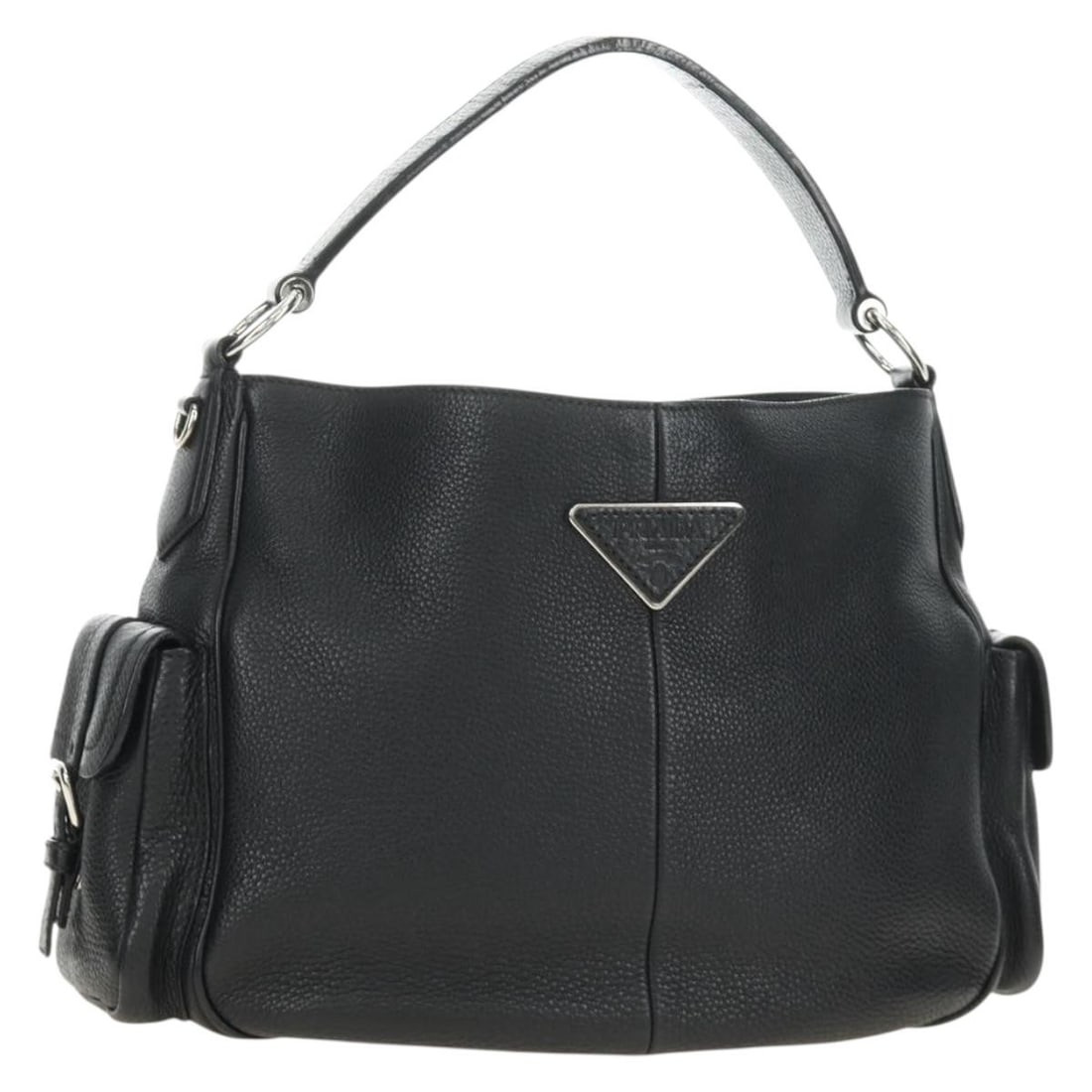 PRADA Black Leather Shoulder Bag with Dust Bag Made in Italy: PRADA Black Leather Shoulder Bag with Dust Bag Made in Italy Authentic Prada shoulder bag in black leather with silver-tone accents. Includes a dust bag. Condition is AB/very good, showing slight rubb