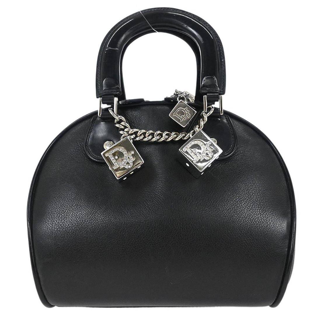 Dior Gambler Dice small black leather top handle bag: Dior Gambler Dice small black leather top handle bag Christian Dior Gambler Dice handbag in black leather with double handles and a structured top handle silhouette. The bag features one interior zipp
