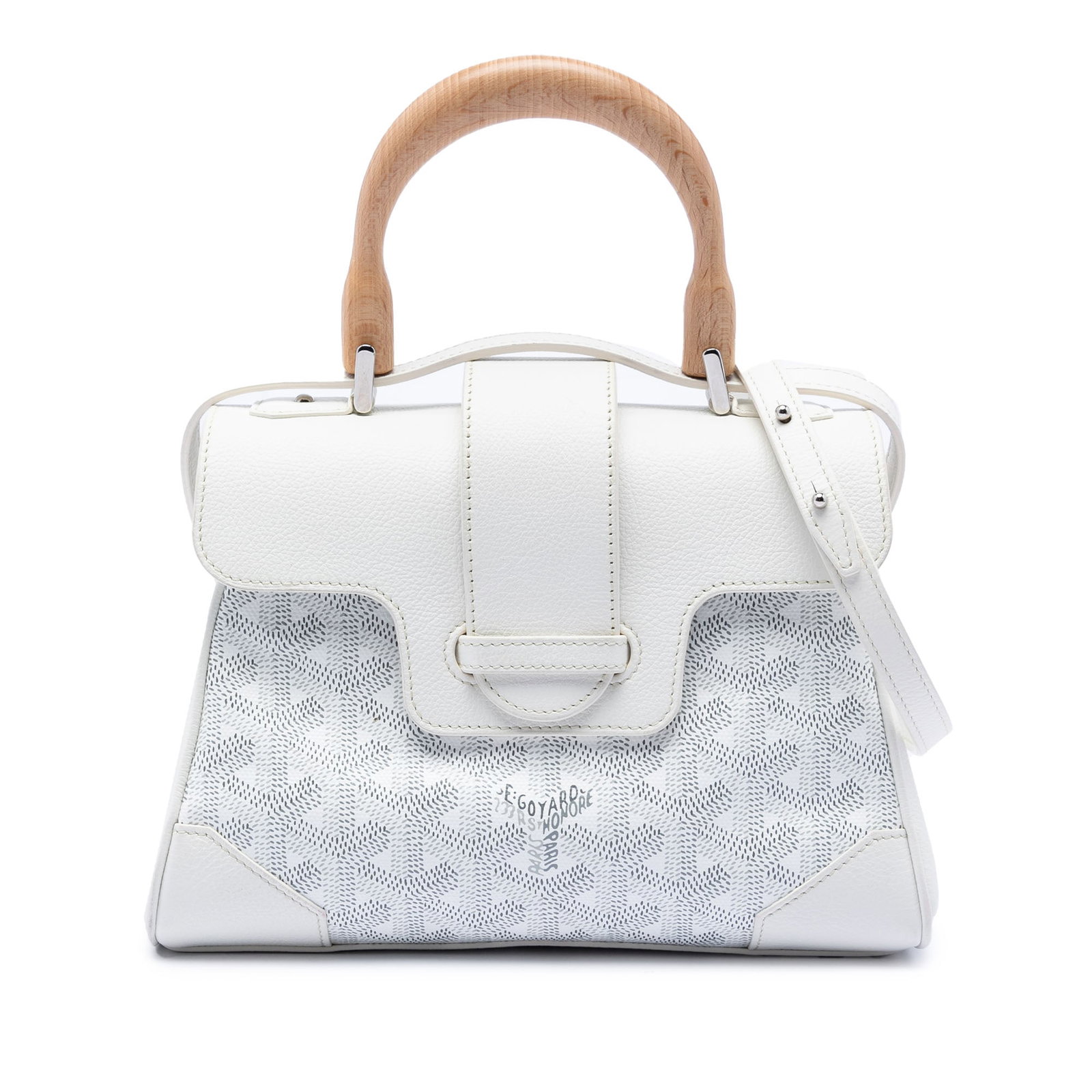 Goyard Mini Saigon Souple white coated canvas bag: Goyard Mini Saigon Souple white coated canvas bag The Mini Goyardine Saigon Souple is a sophisticated handbag crafted with a coated canvas body, leather trim, and a distinctive wooden top handle. It f