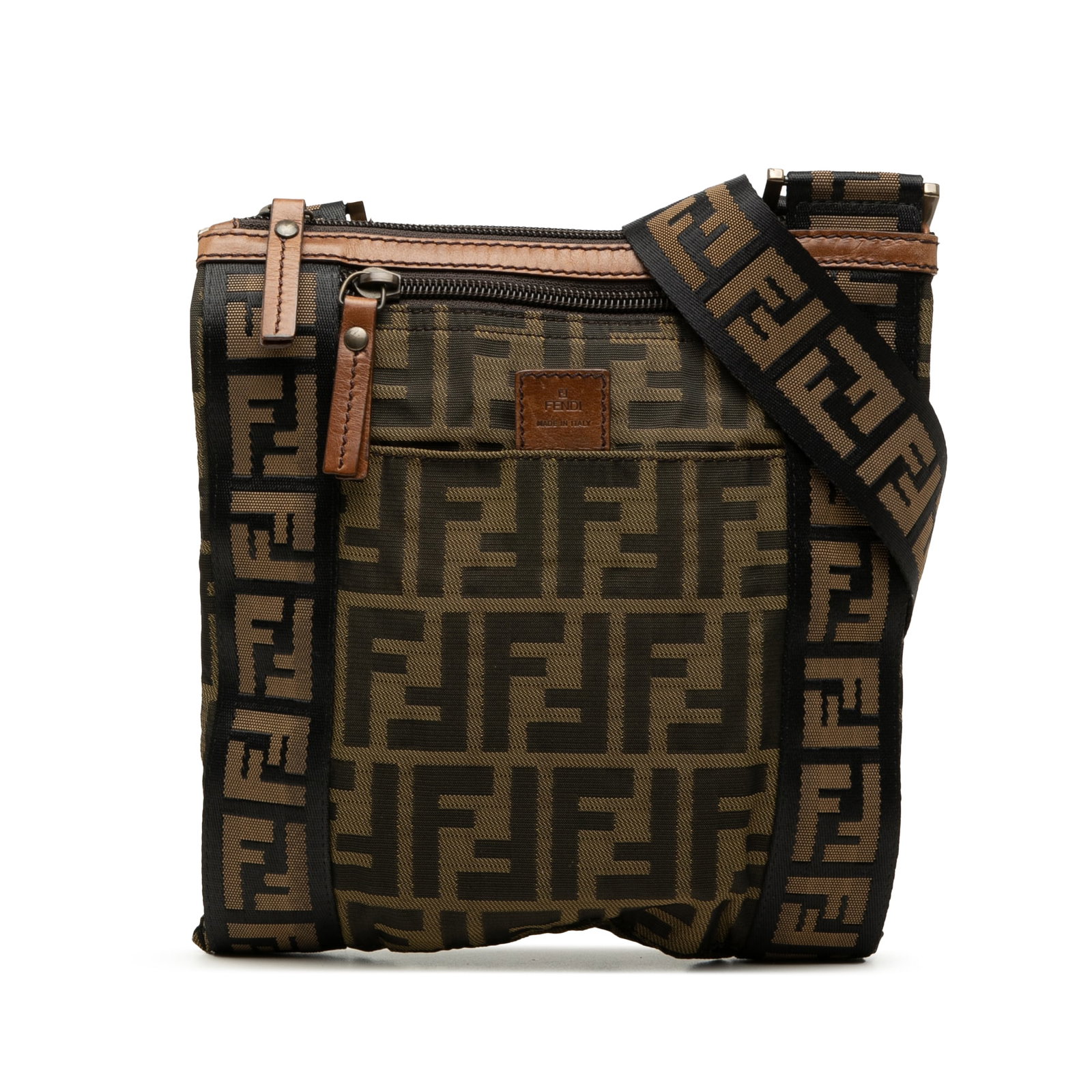 Fendi Zucca Brown Canvas Crossbody Bag with Leather Trim: Fendi Zucca Brown Canvas Crossbody Bag with Leather Trim Fendi Zucca canvas crossbody bag with leather trim, an adjustable flat strap, top zip closure, and exterior front zip and slip pockets. Made in