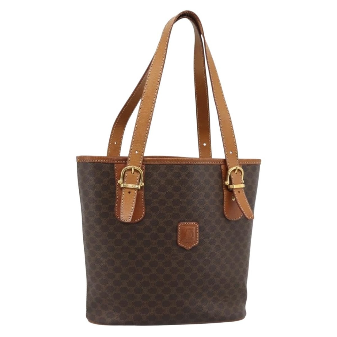 Celine Vintage Macadam Brown Canvas Leather Handbag: Celine Vintage Macadam Brown Canvas Leather Handbag Vintage Celine Macadam bag in brown canvas. This piece is in good condition with visible wear throughout, including loss of shape, rubbing, stains, 