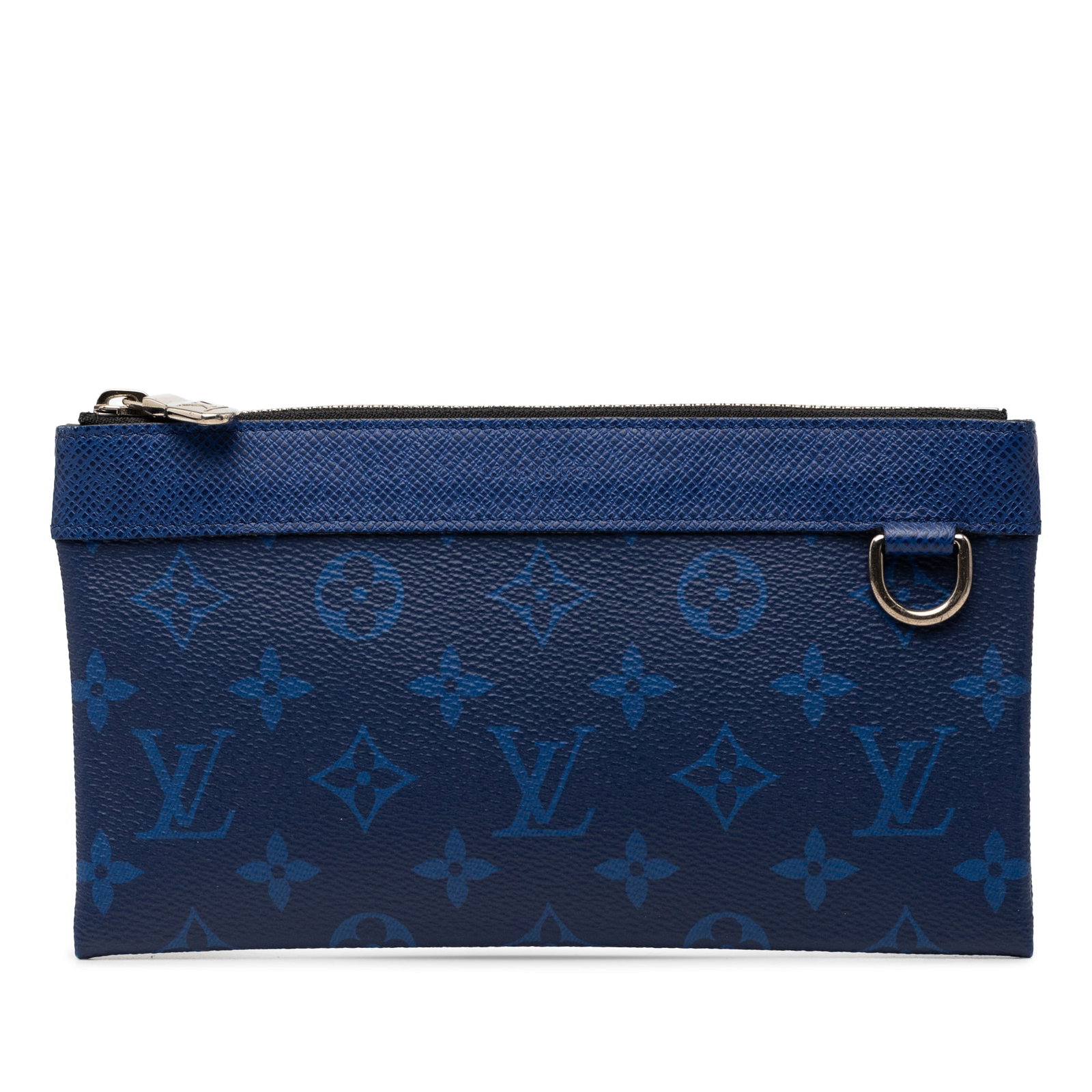 Louis Vuitton Pochette Discovery PM Taigarama Monogram Blue Pouch: Louis Vuitton Pochette Discovery PM Taigarama Monogram Blue Pouch Louis Vuitton Monogram Taigarama Pochette Discovery PM crafted with a monogram canvas and Taiga leather body. This zip-top pouch featu