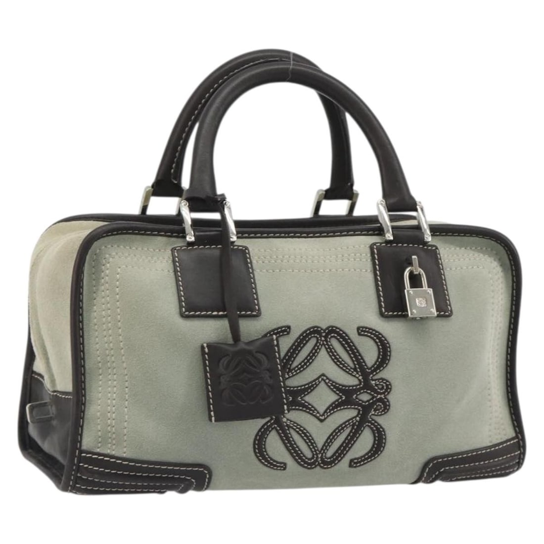 LOEWE Amazona 28 Suede Handbag Gray Brown Spain: LOEWE Amazona 28 Suede Handbag Gray Brown Spain LOEWE Amazona 28 handbag in gray/brown suede, made in Spain. This women's handbag includes a dust bag, padlock, two keys, and clochette. Condition is ra