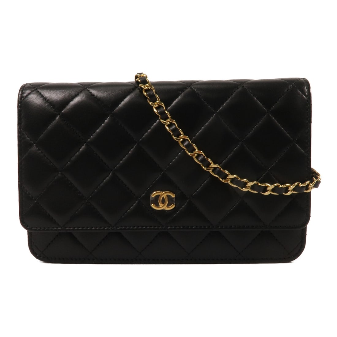 CHANEL A33814 WOC Shoulder Bag Black Lambskin CC GHW: CHANEL A33814 WOC Shoulder Bag Black Lambskin CC GHW Chanel Wallet on Chain shoulder bag in black lambskin leather with CC GHW styling. This women's bag features a compact WOC silhouette with an exter