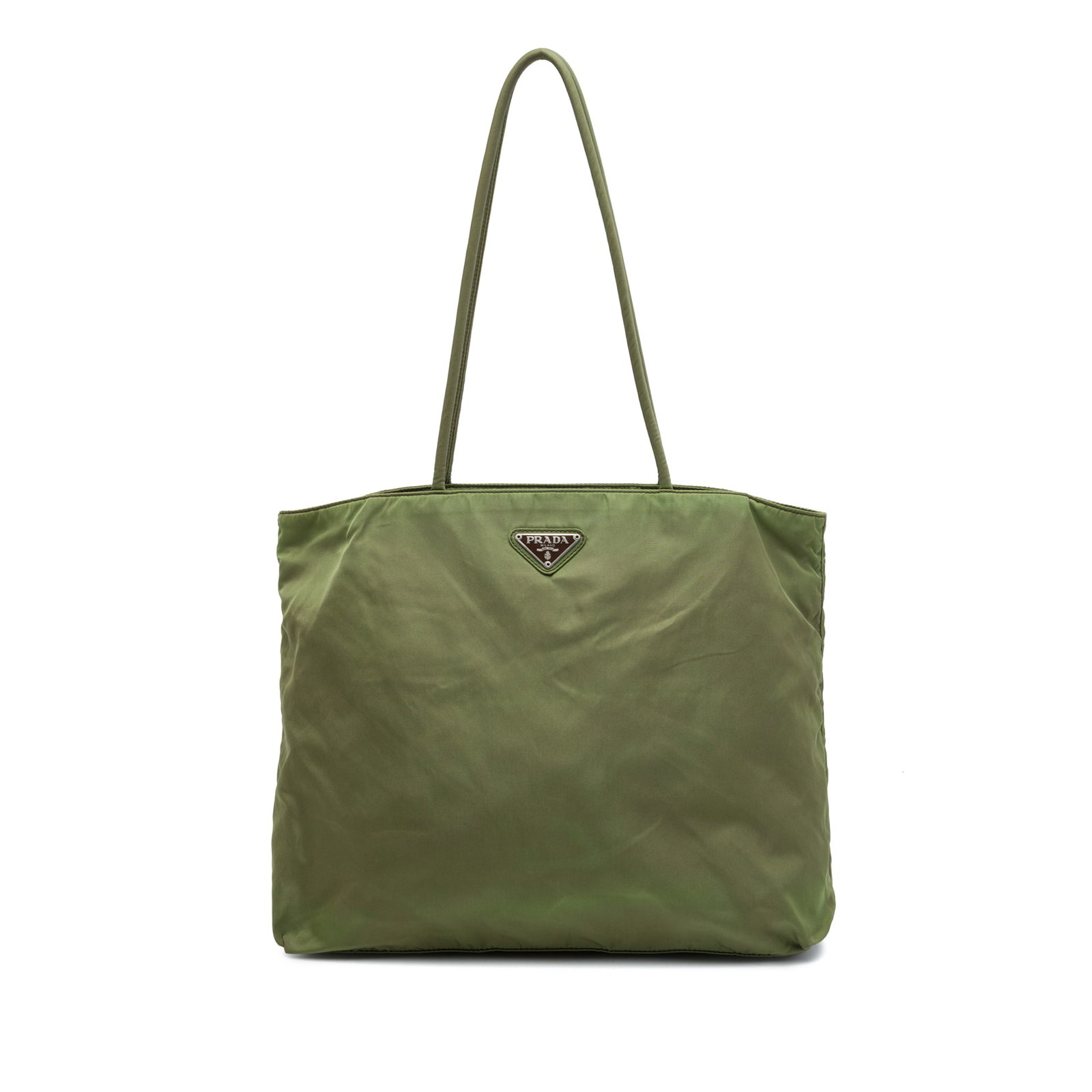 Prada Tessuto green nylon tote bag with leather handles: Prada Tessuto green nylon tote bag with leather handles Prada Tessuto Tote in green with a nylon body, rolled leather handles, an open top, and interior zip pockets. Made in Italy. Condition is B+ wit