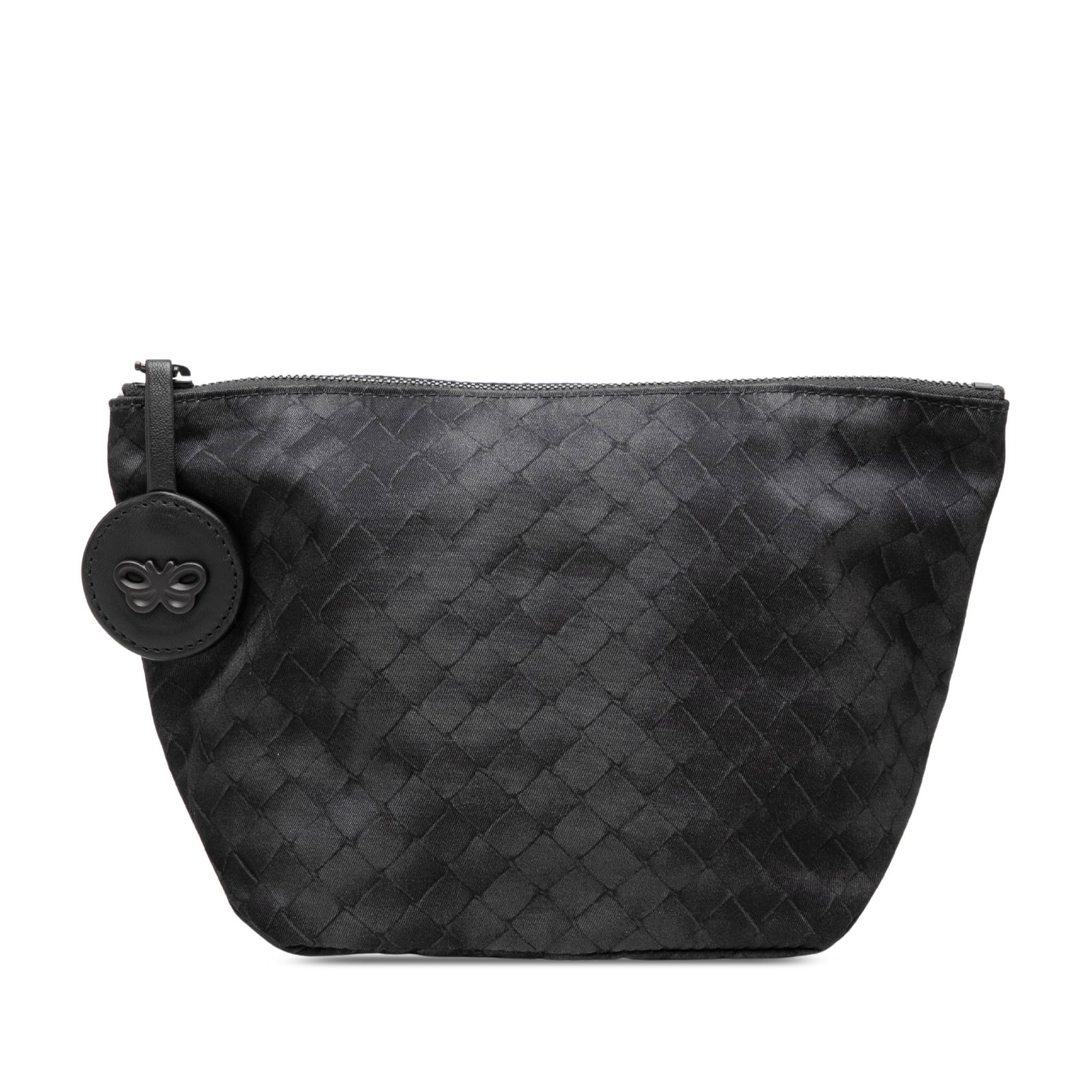 Black Fabric Zip Pouch Bottega Veneta Nylon Intrecciomirage: Black Fabric Zip Pouch Bottega Veneta Nylon Intrecciomirage Bottega Veneta Nylon Intrecciomirage Pouch in black with an embossed fabric body and top zip closure. Made in Italy, this compact pouch incl
