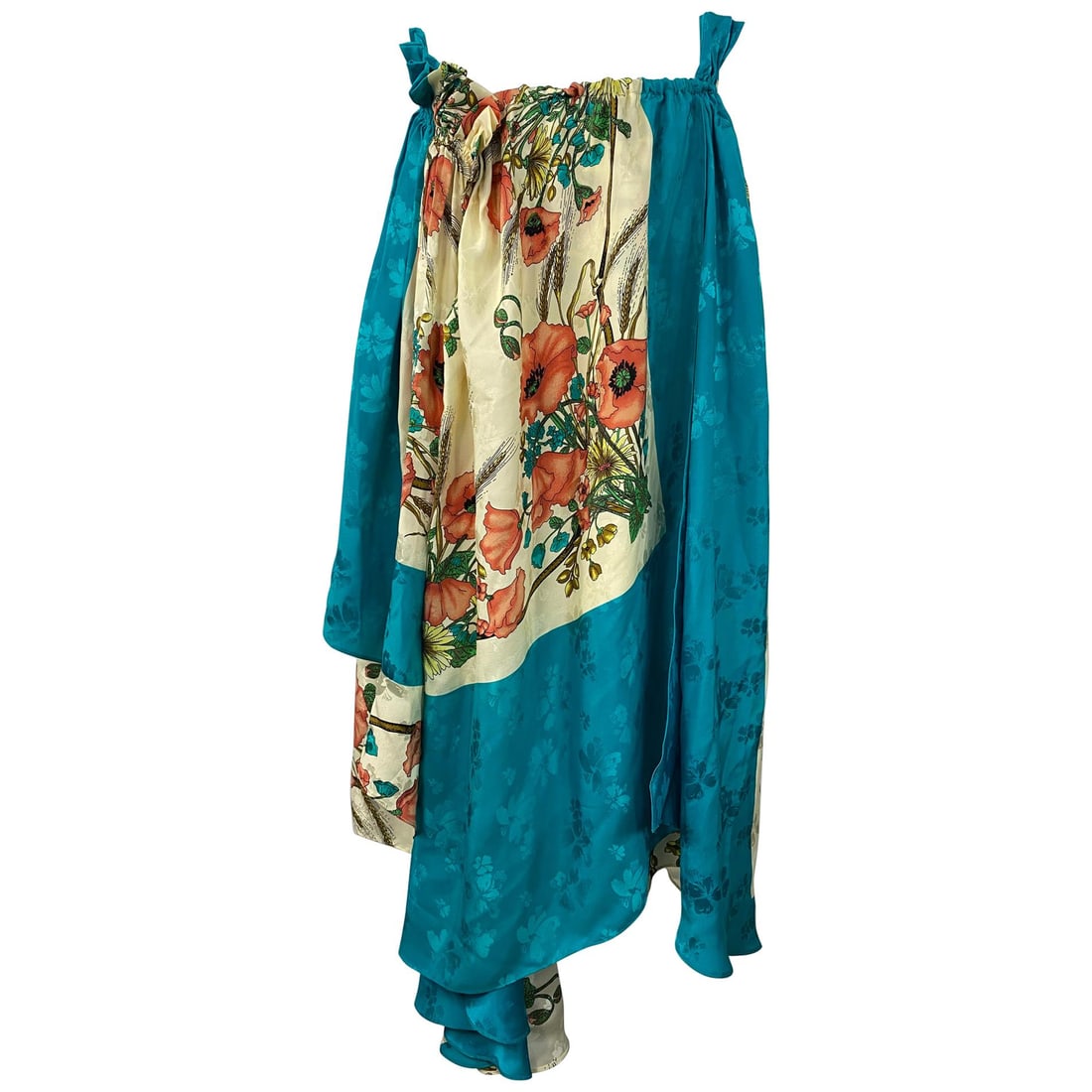Gucci SS19 floral silk asymmetrical maxi skirt EU 40: Gucci SS19 floral silk asymmetrical maxi skirt EU 40 Gucci maxi skirt in cream and turquoise silk with a floral print. It features an asymmetrical design, flared style, and floor-length silhouette. Fr