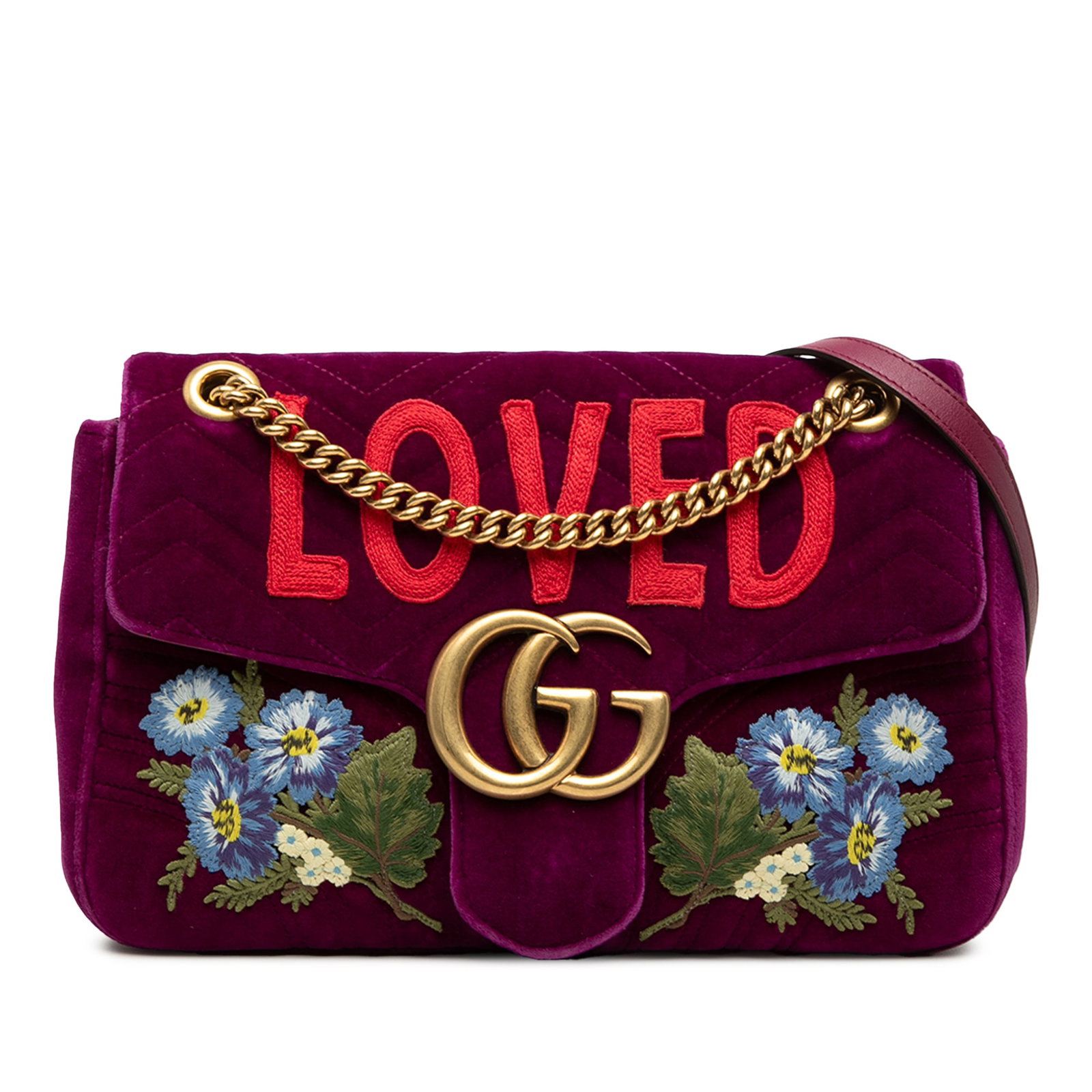 Gucci GG Marmont Large Velvet Flap Crossbody with Embroidery: Gucci GG Marmont Large Velvet Flap Crossbody with Embroidery Gucci Large GG Marmont Embroidered Matelasse Velvet Loved Flap Crossbody in purple. This crossbody bag features an embroidered quilted velv