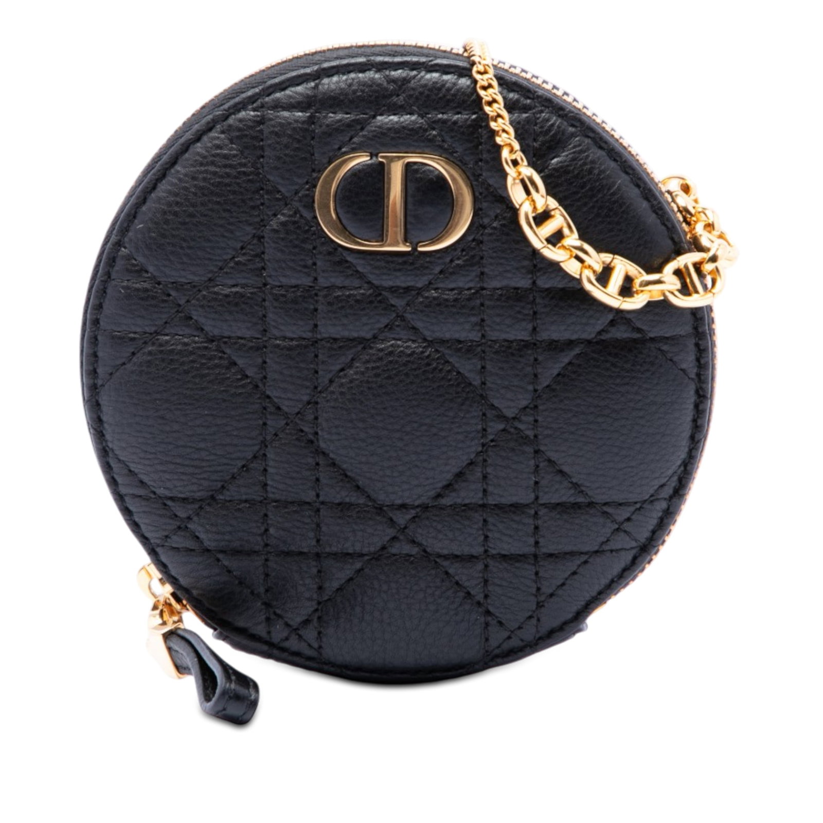 Dior Caro Round Chain Pouch in Black Cannage Calfskin: Dior Caro Round Chain Pouch in Black Cannage Calfskin Round Dior Caro pouch crafted in quilted black calf leather with Cannage detailing. This Italian-made bag features a detachable chain strap and a 