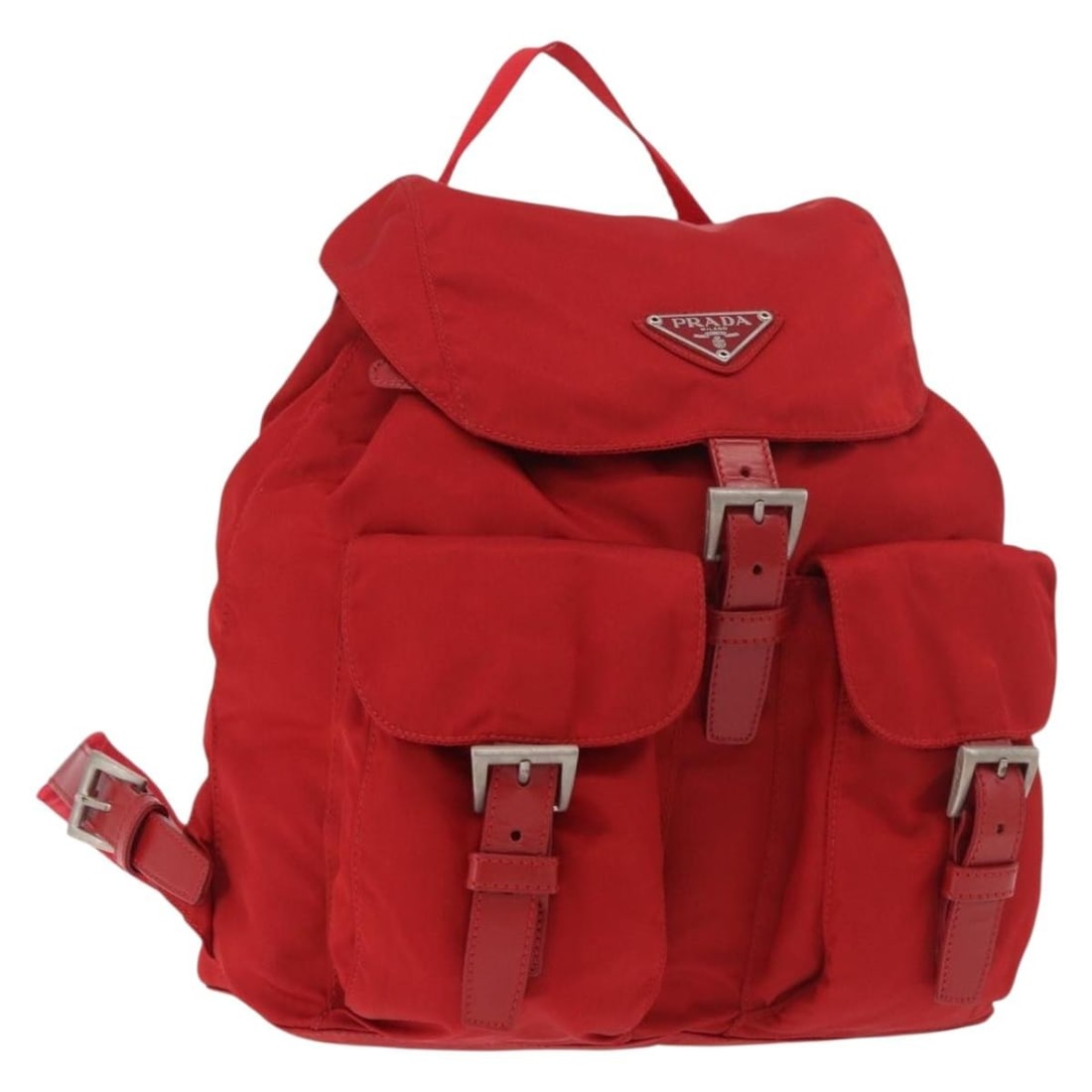 PRADA Red Silver Nylon Backpack with Dust Bag Guarantee Card: PRADA Red Silver Nylon Backpack with Dust Bag Guarantee Card Authentic Prada women's backpack in red nylon with silver-tone accents. Made in Italy, this compact bag includes a dust bag and guarantee c