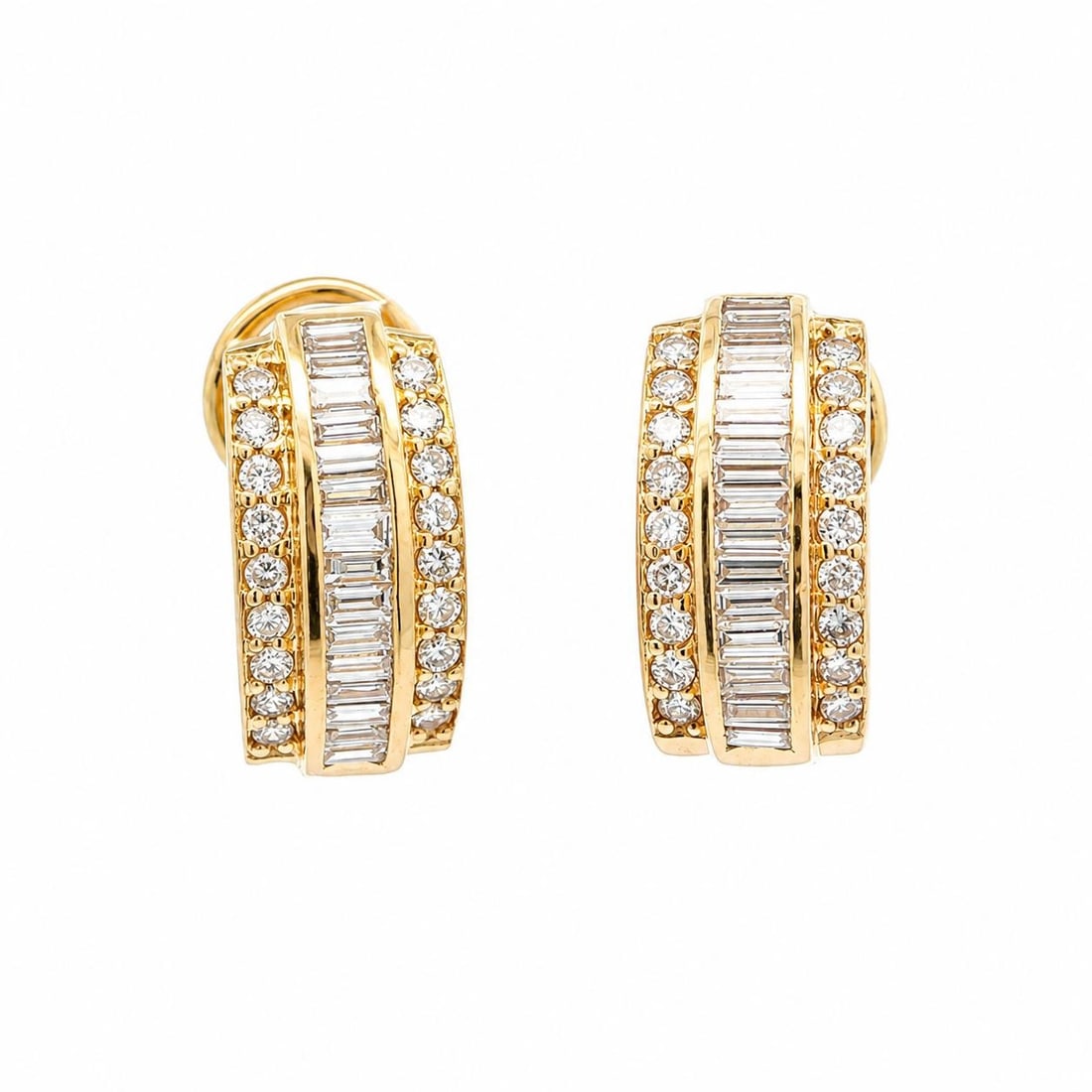 14K Yellow Gold Diamond Huggie Earrings 1.50ctw Baguette Round Omega Back: 14K Yellow Gold Diamond Huggie Earrings 1.50ctw Baguette Round Omega Back Pre-owned women's dangle/drop earrings crafted in solid 14K yellow gold and set with natural genuine diamonds in round brillia