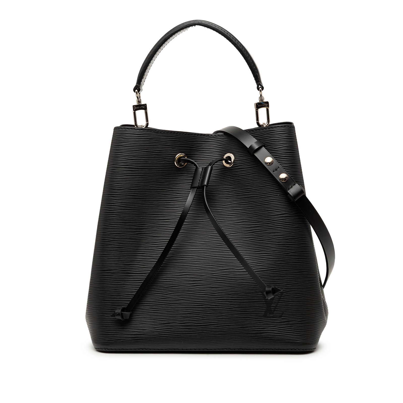 Louis Vuitton Epi Leather Neonoe MM Black Shoulder Bag with Drawstring: Louis Vuitton Epi Leather Neonoe MM Black Shoulder Bag with Drawstring The Louis Vuitton Epi NeoNoe MM features a durable epi leather body in black, a detachable flat leather handle, a drawstring clos