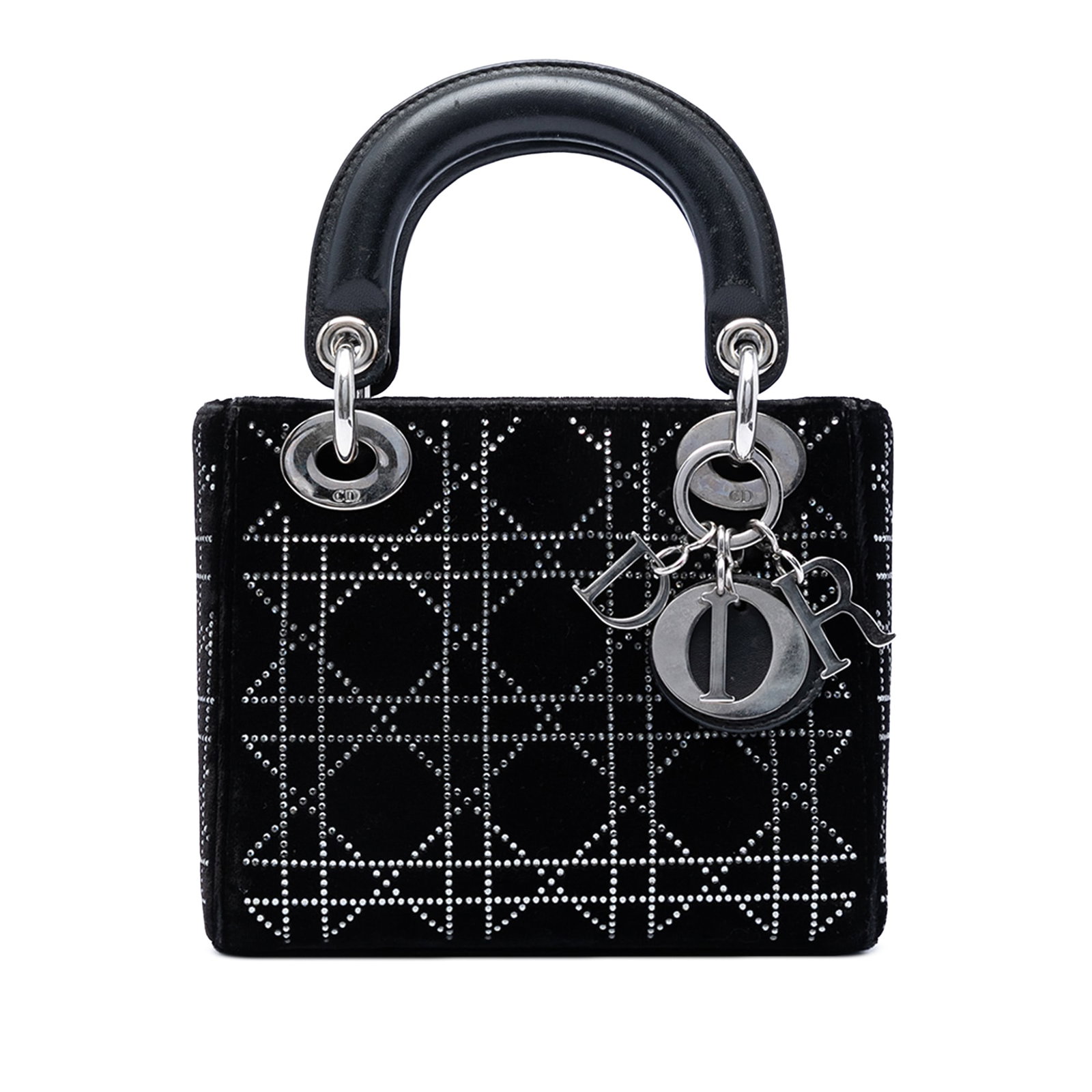 Dior Lady Dior Mini Black Satin Satchel with Crystal Embellishments: Dior Lady Dior Mini Black Satin Satchel with Crystal Embellishments A Mini Satin Cannage Crystal Embellished Lady Dior satchel in black, made in Italy. It features a studded satin body, flat handles, 