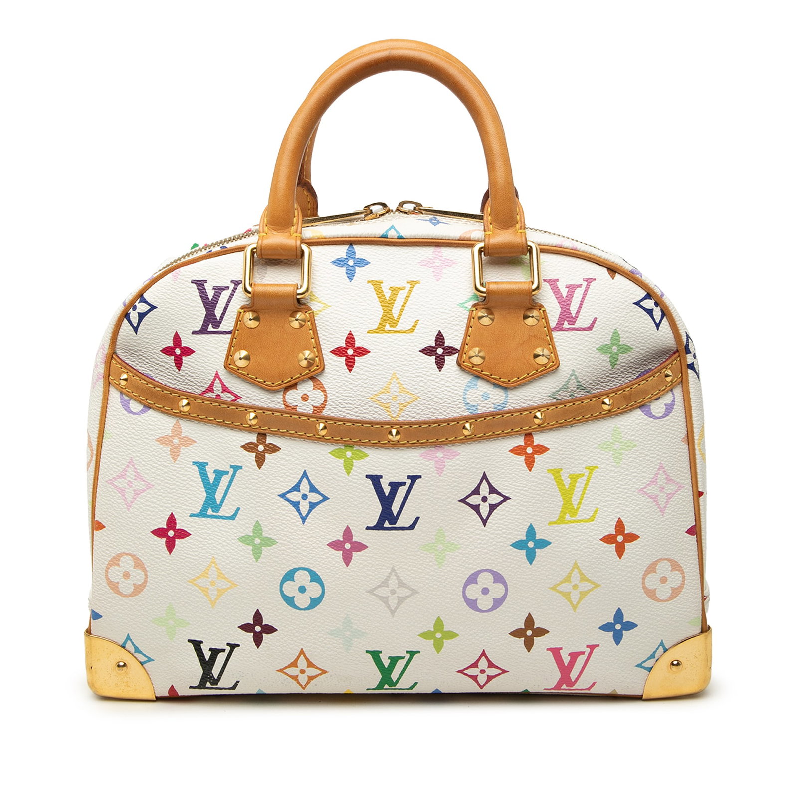 Louis Vuitton Trouville White Monogram Multicolore Handbag: Louis Vuitton Trouville White Monogram Multicolore Handbag Louis Vuitton Monogram Multicolore Trouville bag in white fabric with vachetta leather trim. This piece features gold-tone studs, rolled vach