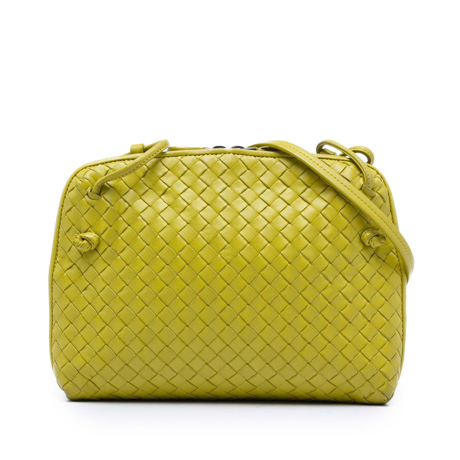 Bottega Veneta Nodini Intrecciato Nappa Leather Crossbody Bag Yellow: Bottega Veneta Nodini Intrecciato Nappa Leather Crossbody Bag Yellow Bottega Veneta Nappa Intrecciato Nodini Crossbody bag in yellow woven leather. This crossbody style features a flat leather strap, 