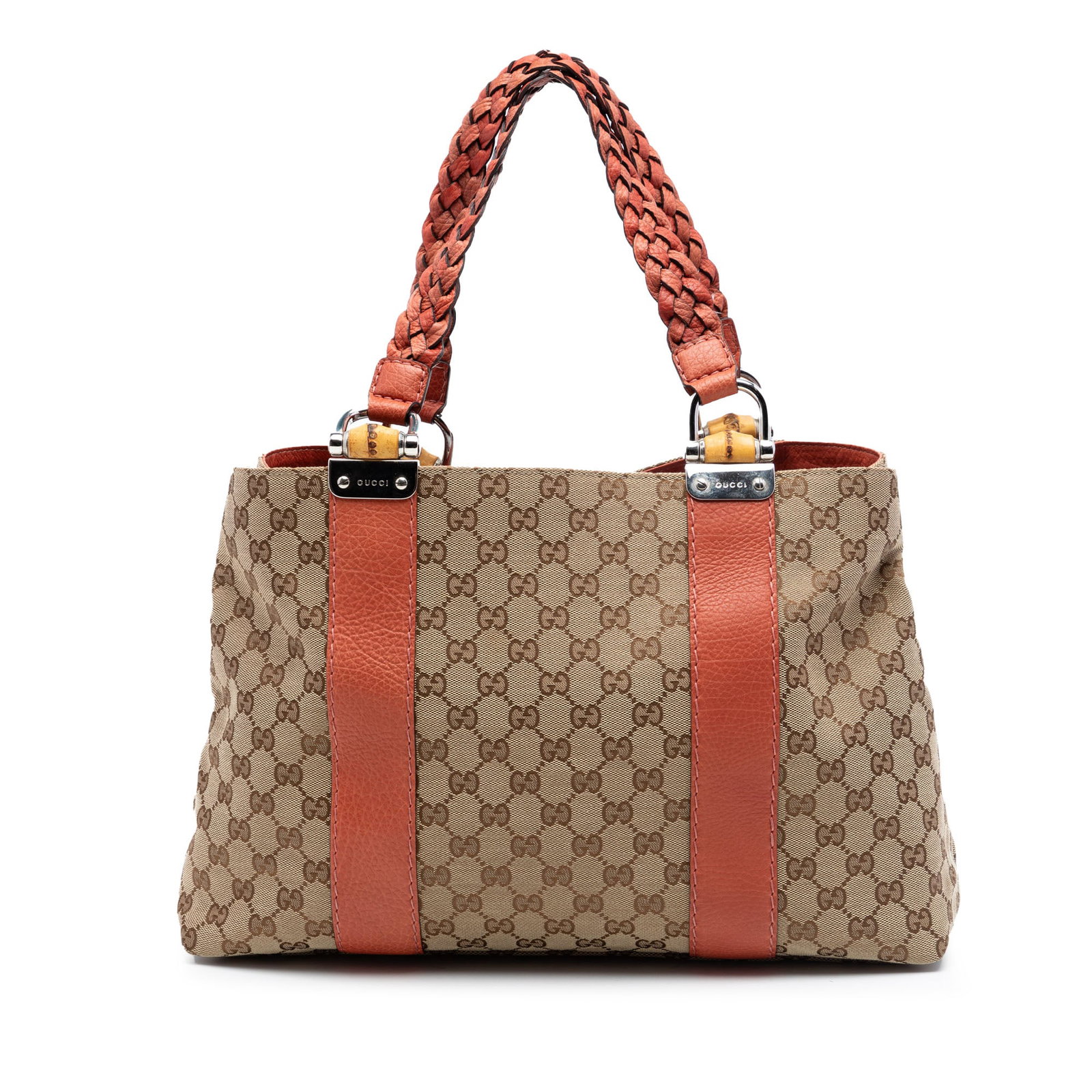 Gucci Libeccio Medium Tote in GG Canvas with Bamboo Handles: Gucci Libeccio Medium Tote in GG Canvas with Bamboo Handles Gucci Medium GG Canvas Bamboo Libeccio Tote in beige with a canvas body, flat braided leather handles, an open top, and interior zip and sli