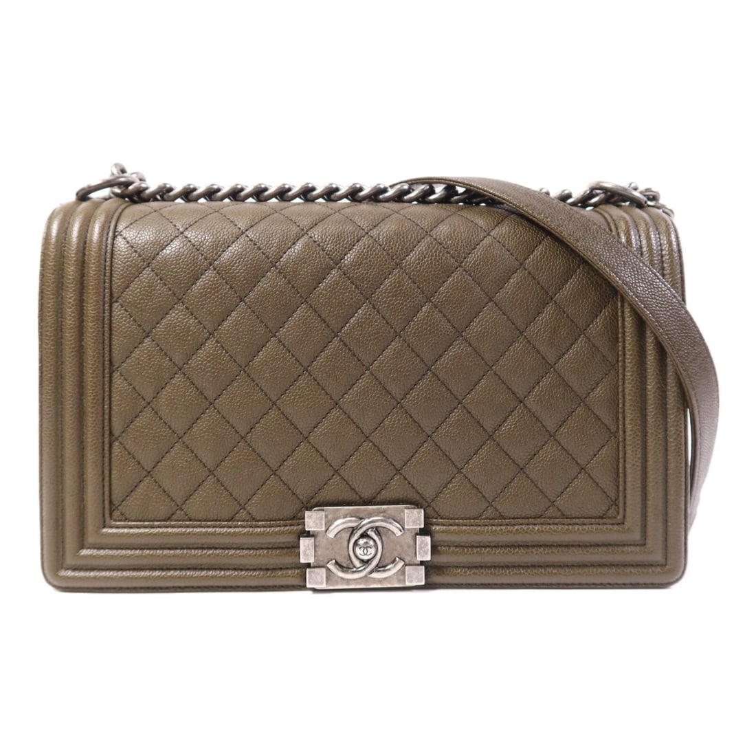 Chanel Boy 28 Calfskin Shoulder Bag Military Green SHW: Chanel Boy 28 Calfskin Shoulder Bag Military Green SHW A CHANEL Boy 28 chain shoulder bag in calfskin leather with a military green colorway and silver-tone hardware. It features a flap closure, one i