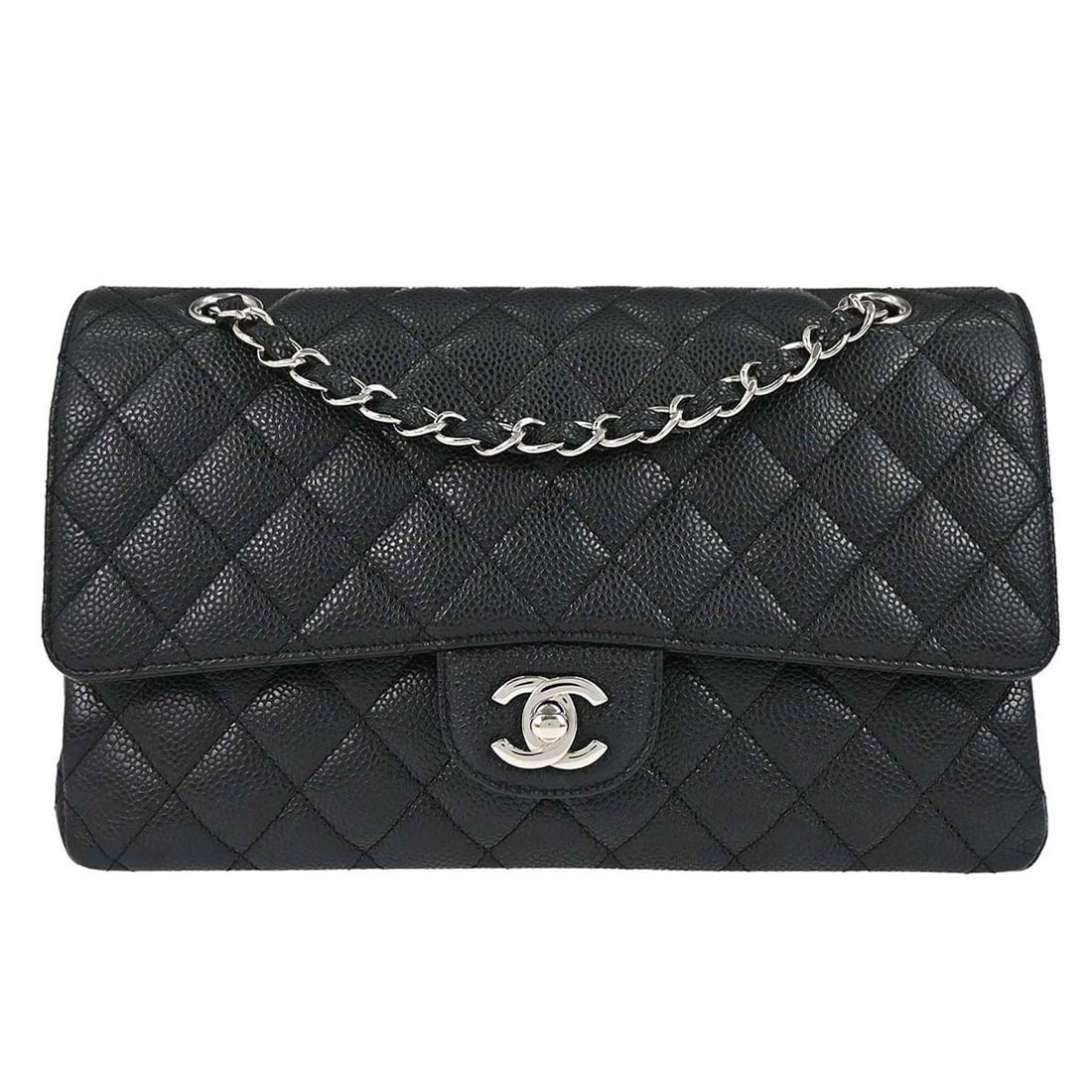 CHANEL Classic Double Flap Medium Black Leather Shoulder Bag: CHANEL Classic Double Flap Medium Black Leather Shoulder Bag A Chanel Medium Classic Double Flap Shoulder Bag in black caviar skin leather with a turn-lock closure. It features a shoulder strap, one e