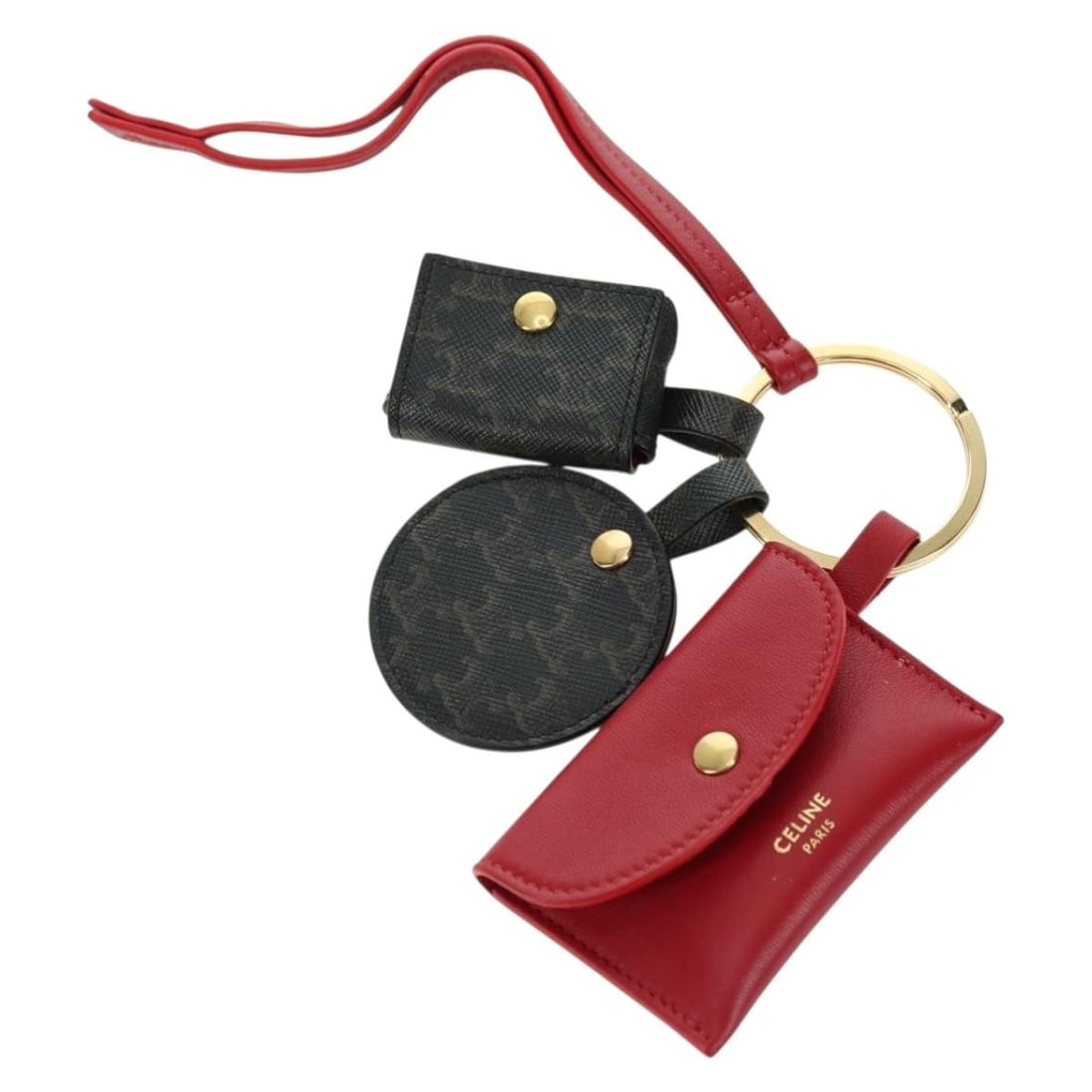 CELINE Triomphe Macadam bag charm key ring PVC leather black red: CELINE Triomphe Macadam bag charm key ring PVC leather black red Authentic CELINE Macadam canvas Triomphe multi key ring charm in black and red. This women's bag charm is made in Italy from PVC leathe