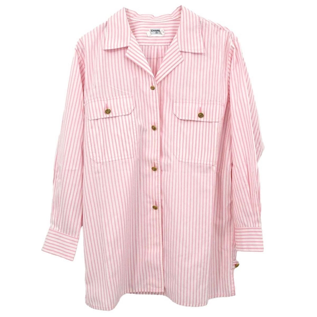 CHANEL Womens Pink White Striped Cotton Button Front Collared Shirt (1 of 15)