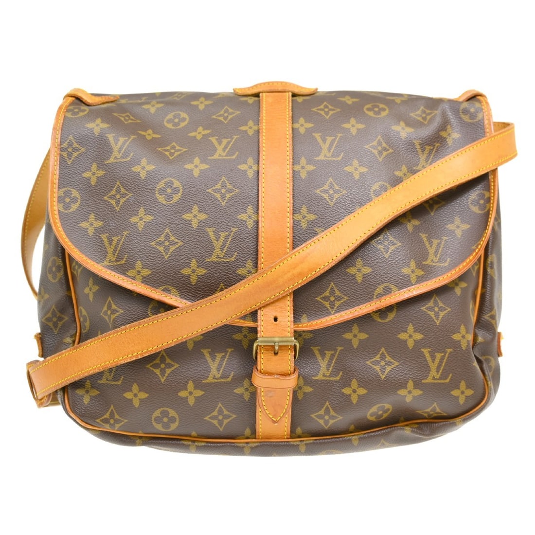 Louis Vuitton Saumur Unisex Brown Canvas Shoulder Bag: Louis Vuitton Saumur Unisex Brown Canvas Shoulder Bag Louis Vuitton Saumur in brown monogram canvas. This unisex bag is made in France and remains in good condition with visible wear. Noted condition 