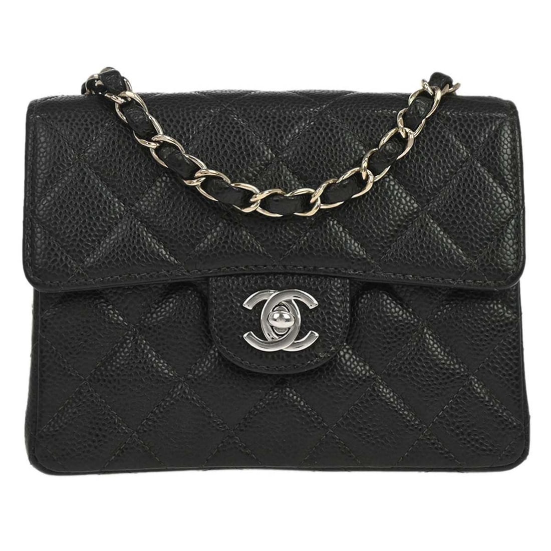 CHANEL Classic Single Flap Mini Square Shoulder Bag Black Caviar Leather: CHANEL Classic Single Flap Mini Square Shoulder Bag Black Caviar Leather Chanel Mini Classic Square Flap Shoulder Bag in black caviar skin leather, made in France. It features a turn lock closure, cro