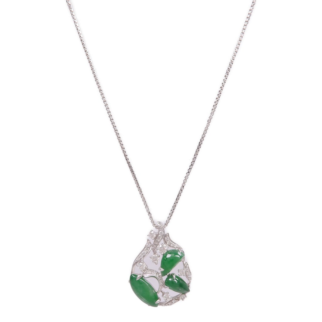 18K White Gold Jade Diamond Necklace Green Stone: 18K White Gold Jade Diamond Necklace Green Stone A women's necklace in K18WG white gold featuring jade and diamond accents. The piece is described as green and clear, with a jade main stone and diamon