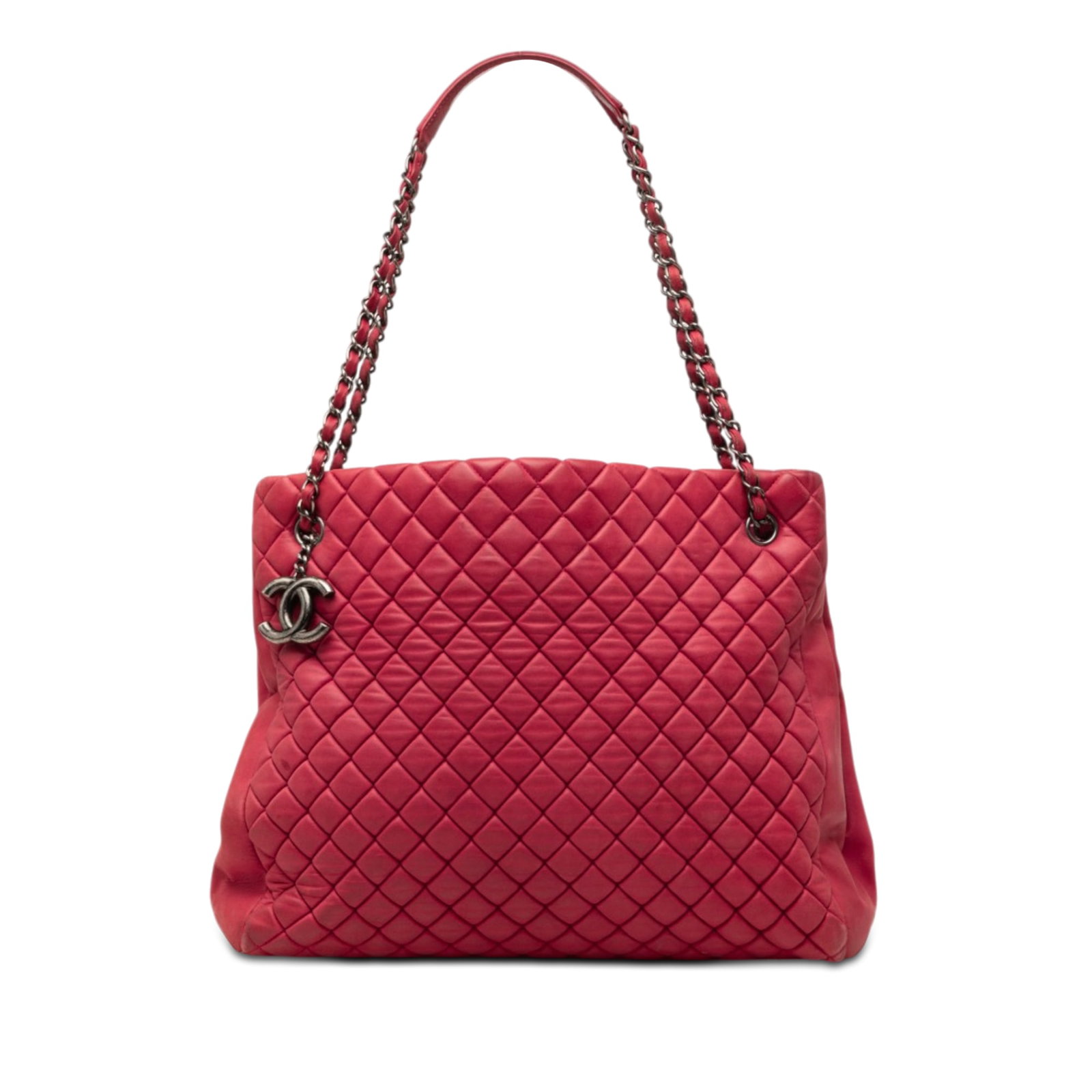 Chanel New Bubble Large Tote in Red Iridescent Quilted Calfskin: Chanel New Bubble Large Tote in Red Iridescent Quilted Calfskin Large Chanel New Bubble tote crafted in quilted iridescent calf leather with leather-woven chain shoulder straps and a leather guard. Th