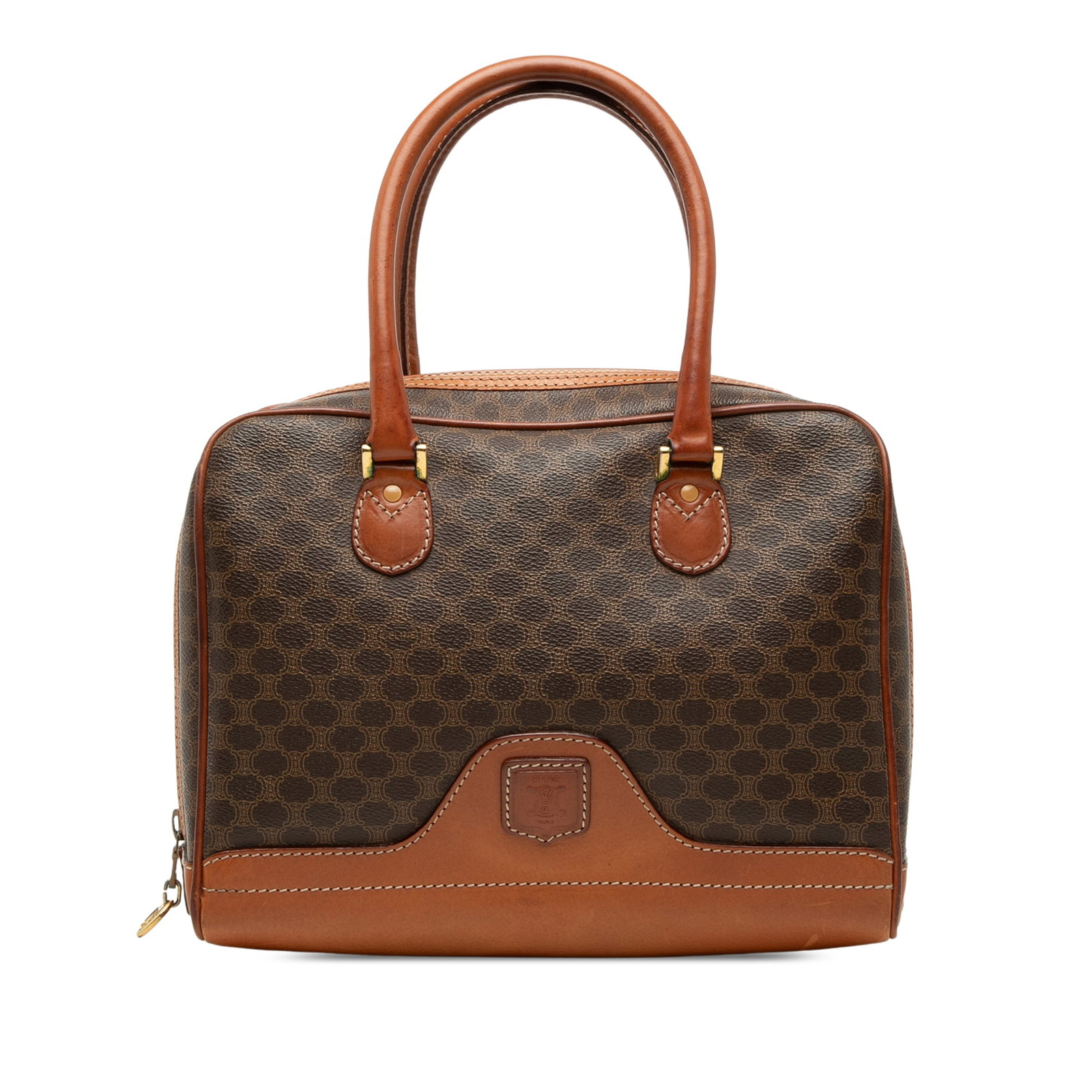 Celine Macadam Brown Coated Canvas Zip Top Handbag: Celine Macadam Brown Coated Canvas Zip Top Handbag Celine Macadam coated canvas handbag with leather trim, rolled leather handles, a top zip closure, and an interior zip pocket. Made in Italy, this br