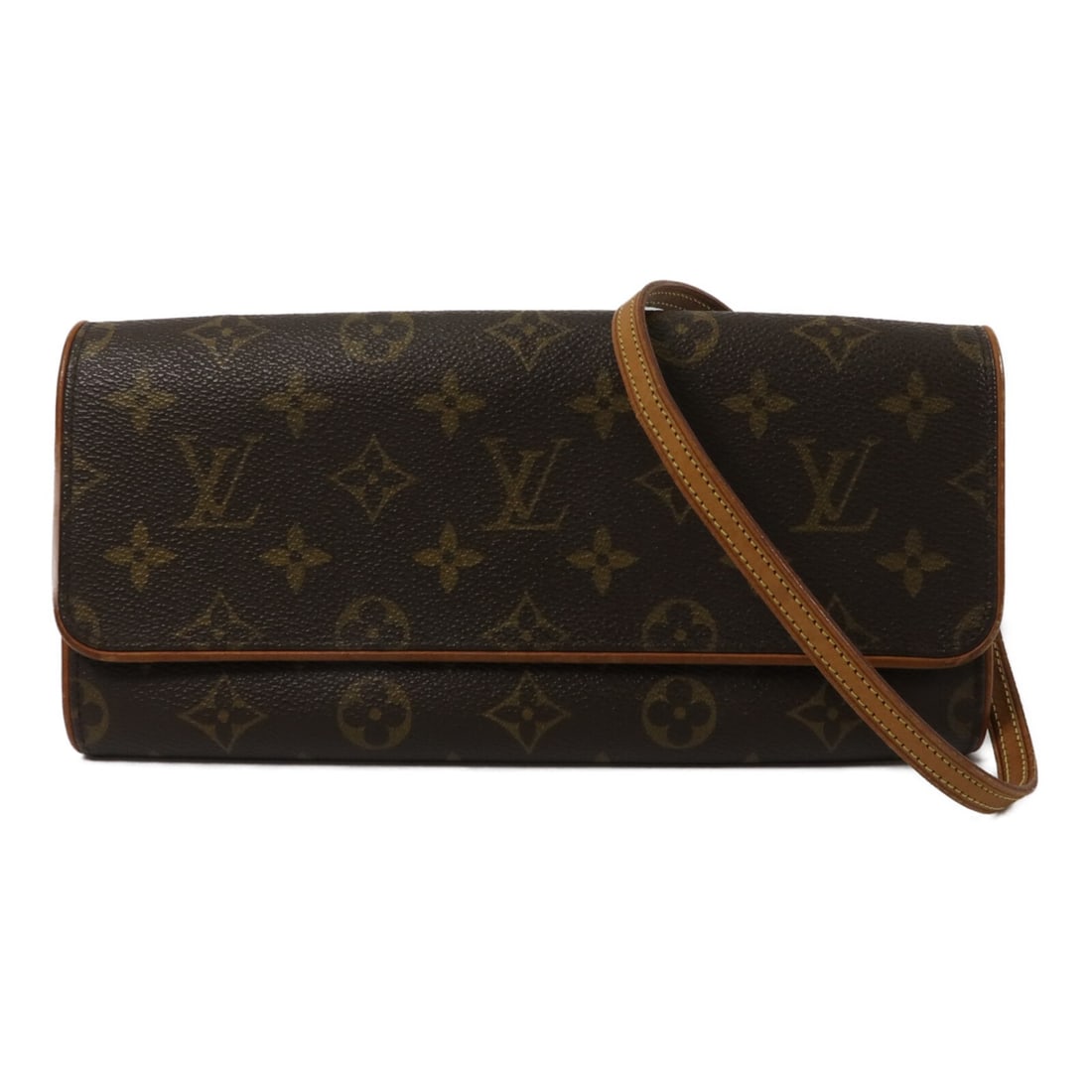 Louis Vuitton Pochette Twin GM Monogram Shoulder Bag M51852 Brown: Louis Vuitton Pochette Twin GM Monogram Shoulder Bag M51852 Brown Louis Vuitton Pochette Twin GM shoulder bag in brown Monogram PVC coated canvas. This women's bag features a slim profile with a magne