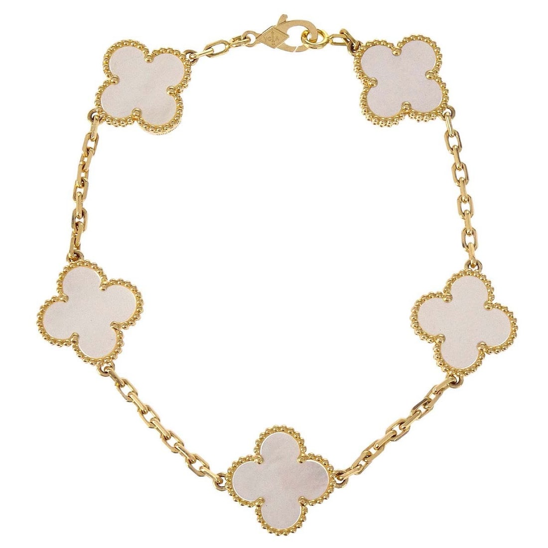 Van Cleef Arpels Alhambra mother of pearl 750YG bracelet: Van Cleef Arpels Alhambra mother of pearl 750YG bracelet Van Cleef & Arpels Alhambra bracelet crafted in Au750 yellow gold with mother of pearl accents. This chain-style bracelet is presented in excel